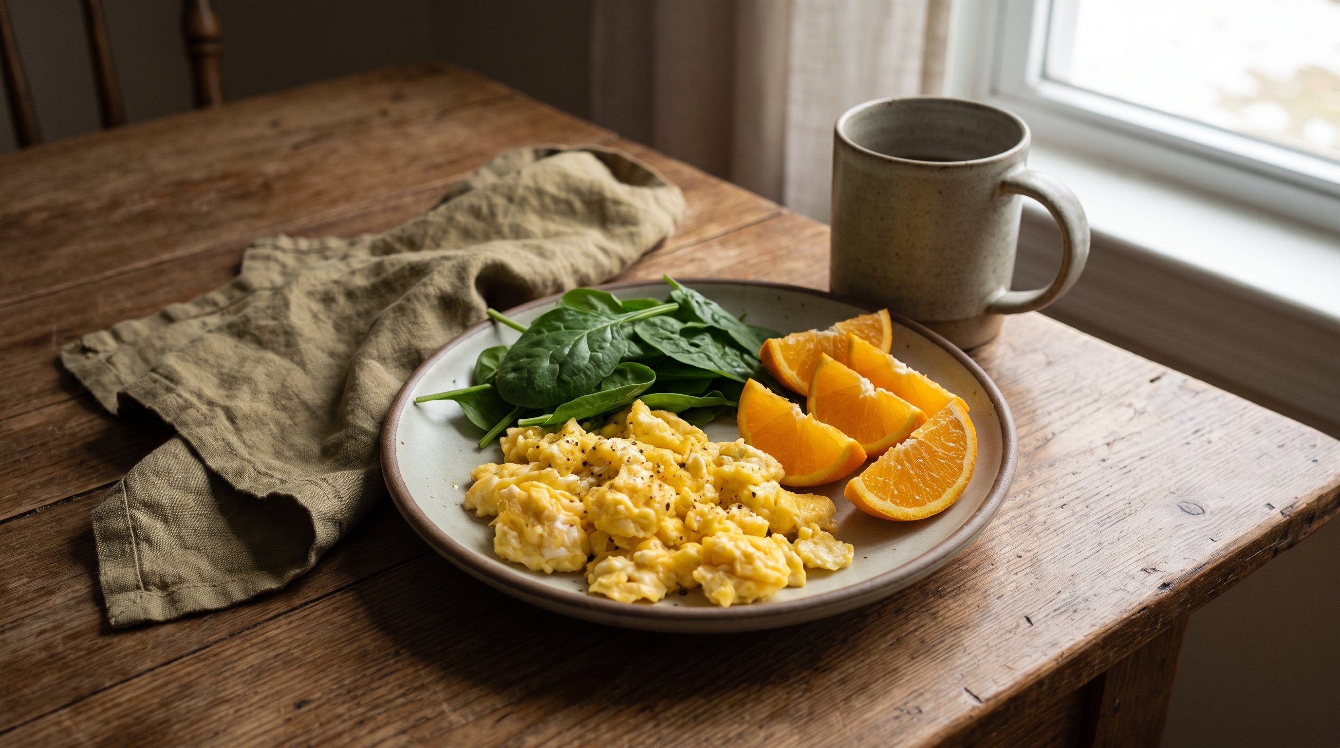 breakfast plate with eggs, spinach and orange slices