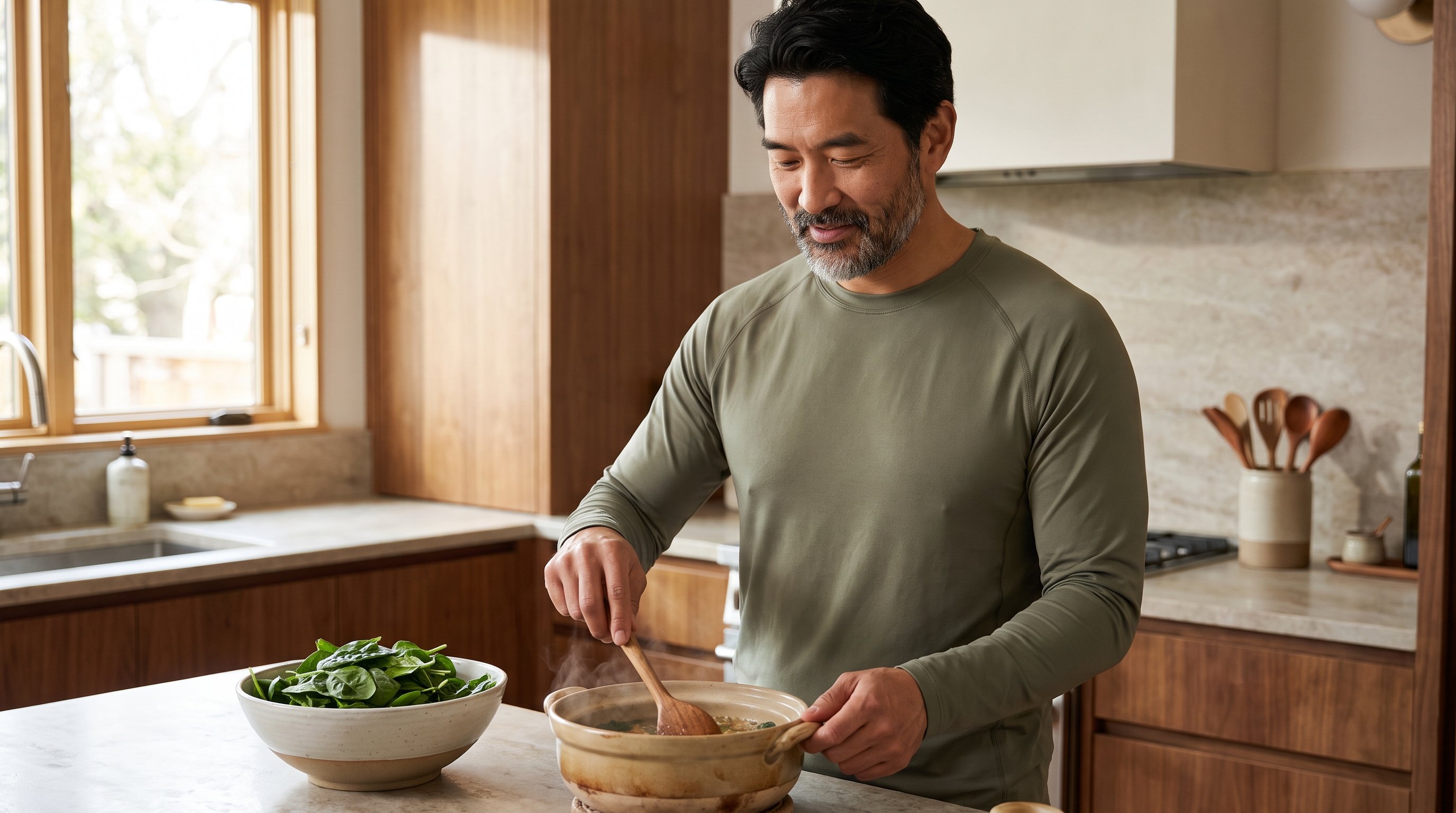 person adding spinach leaves to a pot of simmering pasta sauce