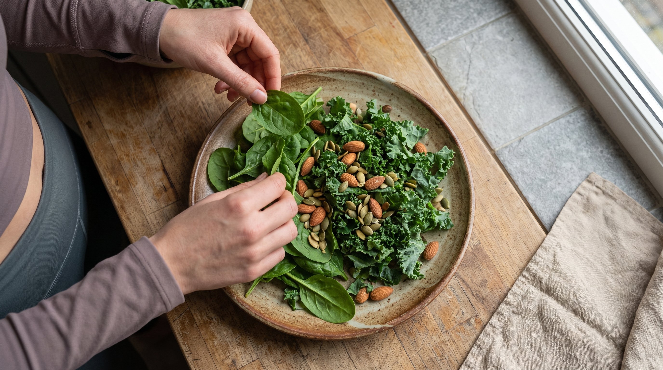 assorted leafy greens nuts and seeds on wooden table