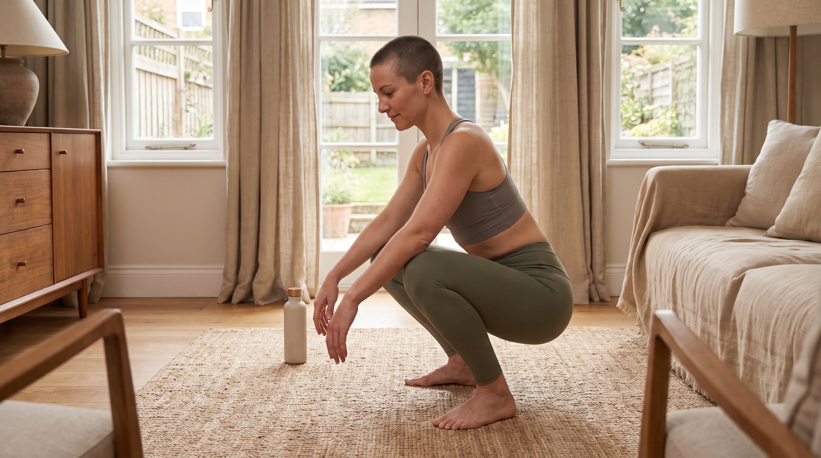 person doing a deep squat hold in a living room