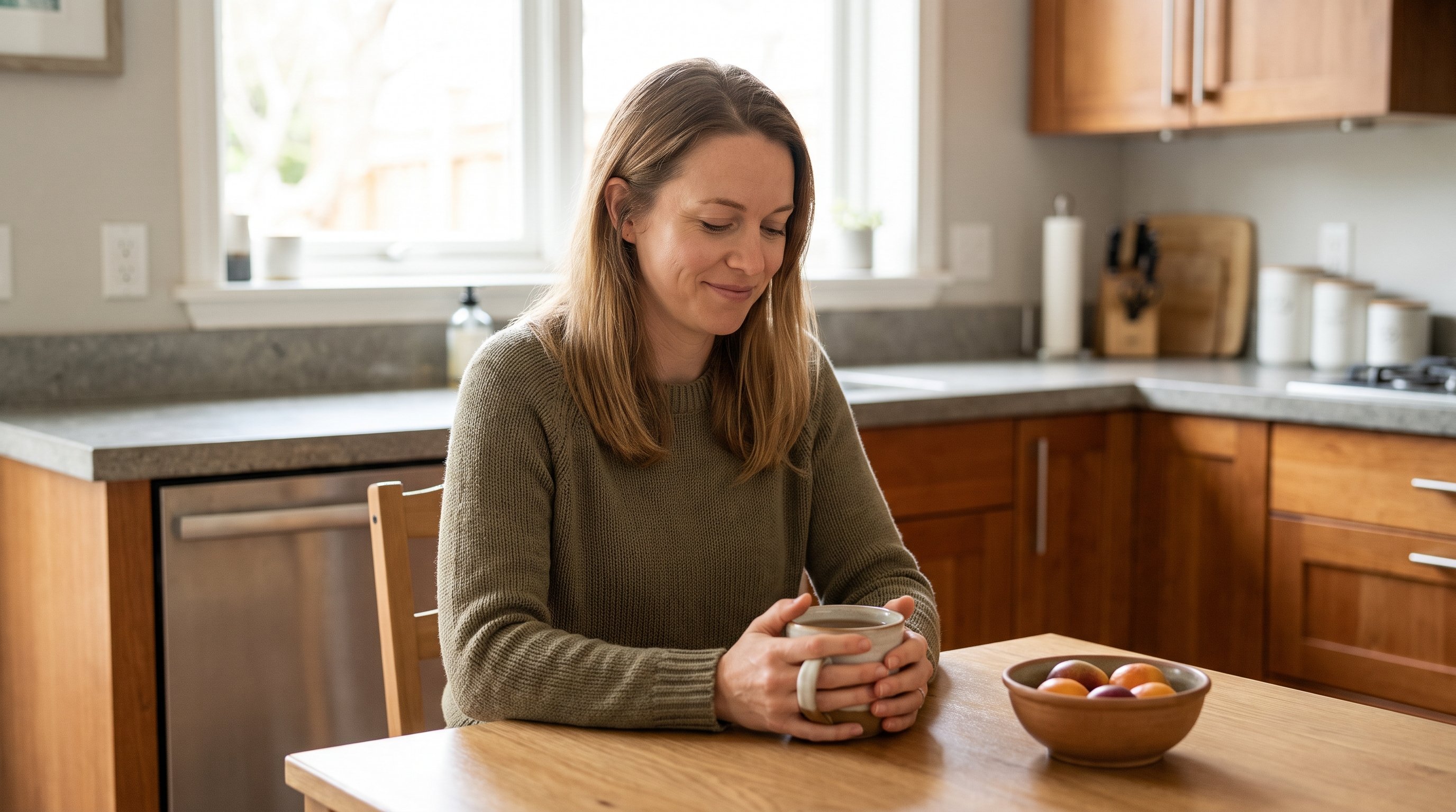 person checking subscription settings on a phone at a kitchen table