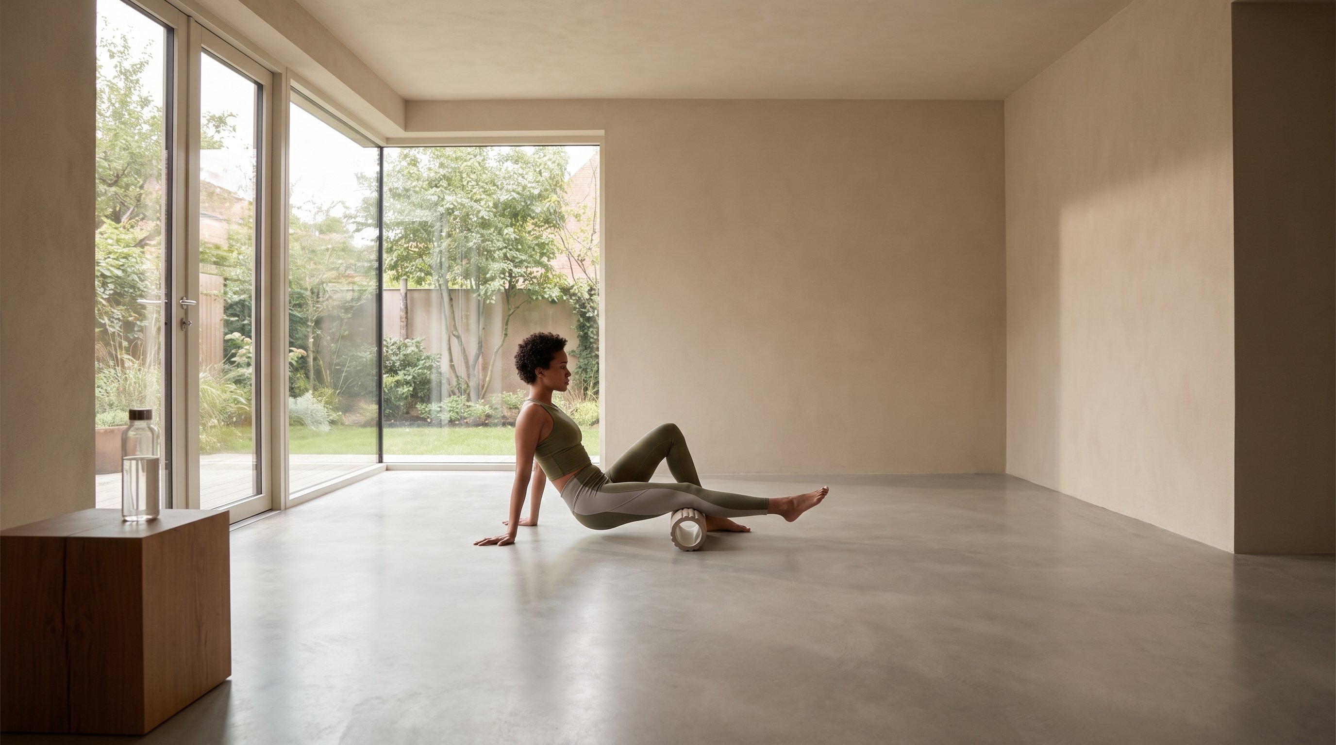 woman stretching legs on a yoga mat at home