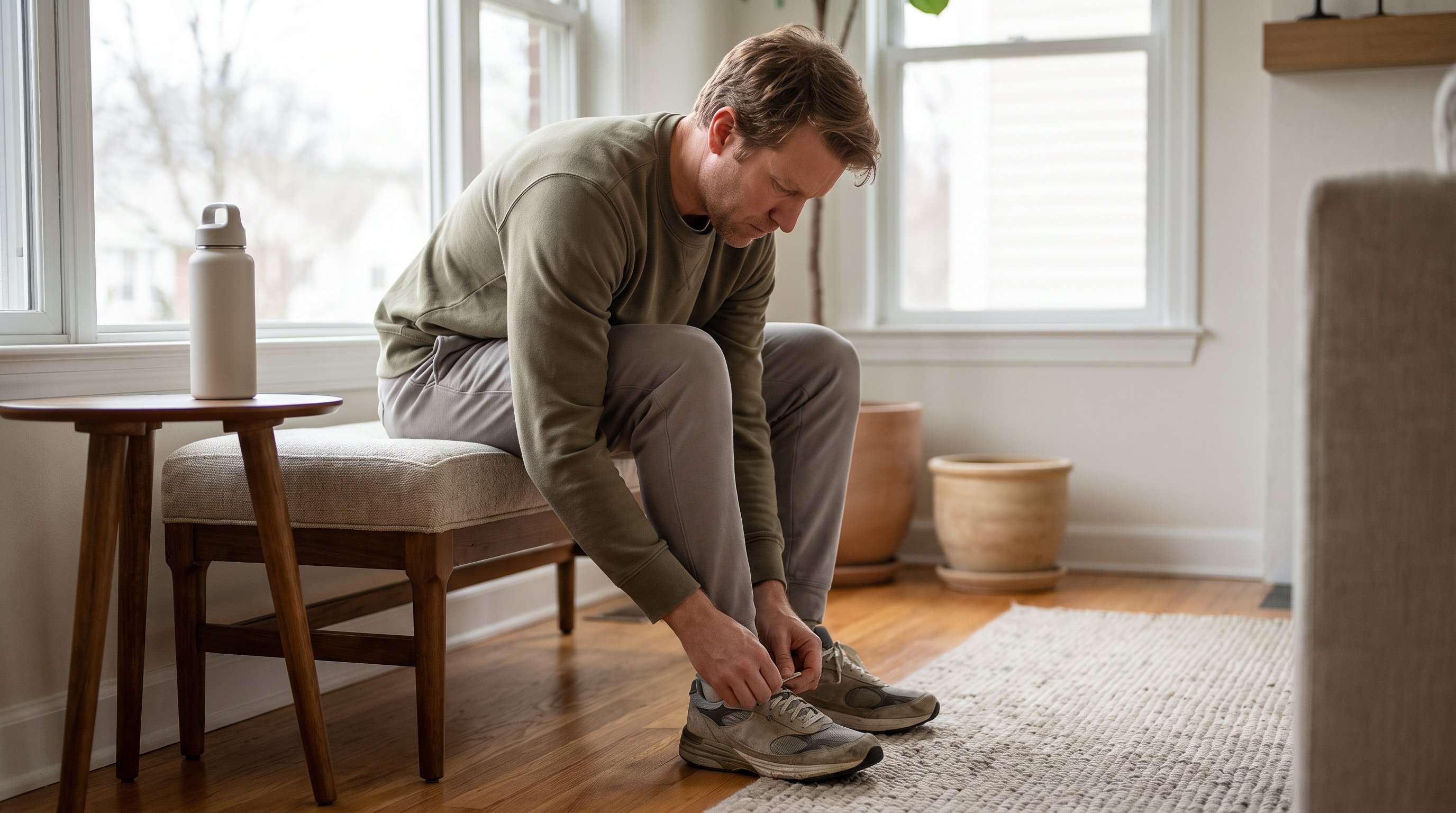 person tying running shoes before morning jog