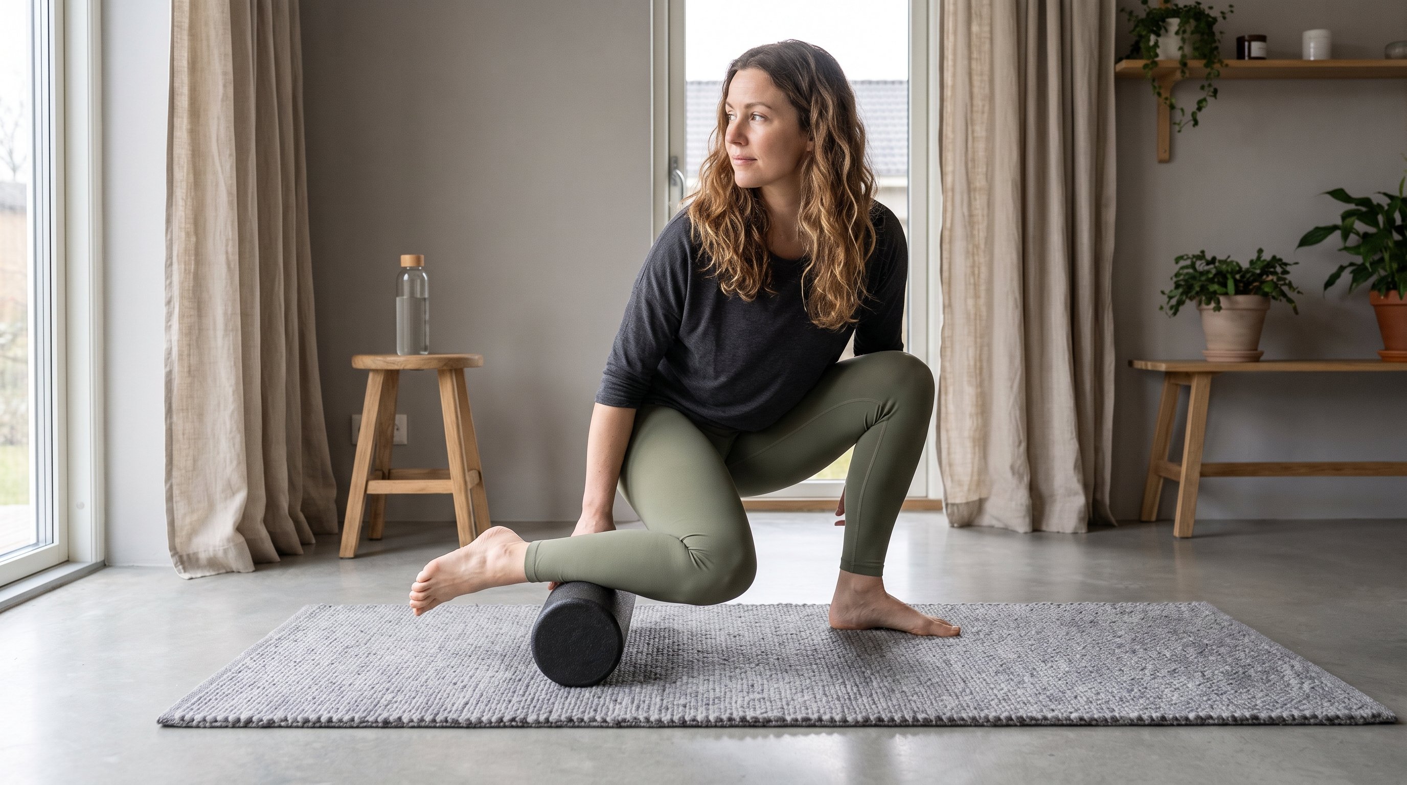 a woman using a foam roller on a mat for a mobility session at home