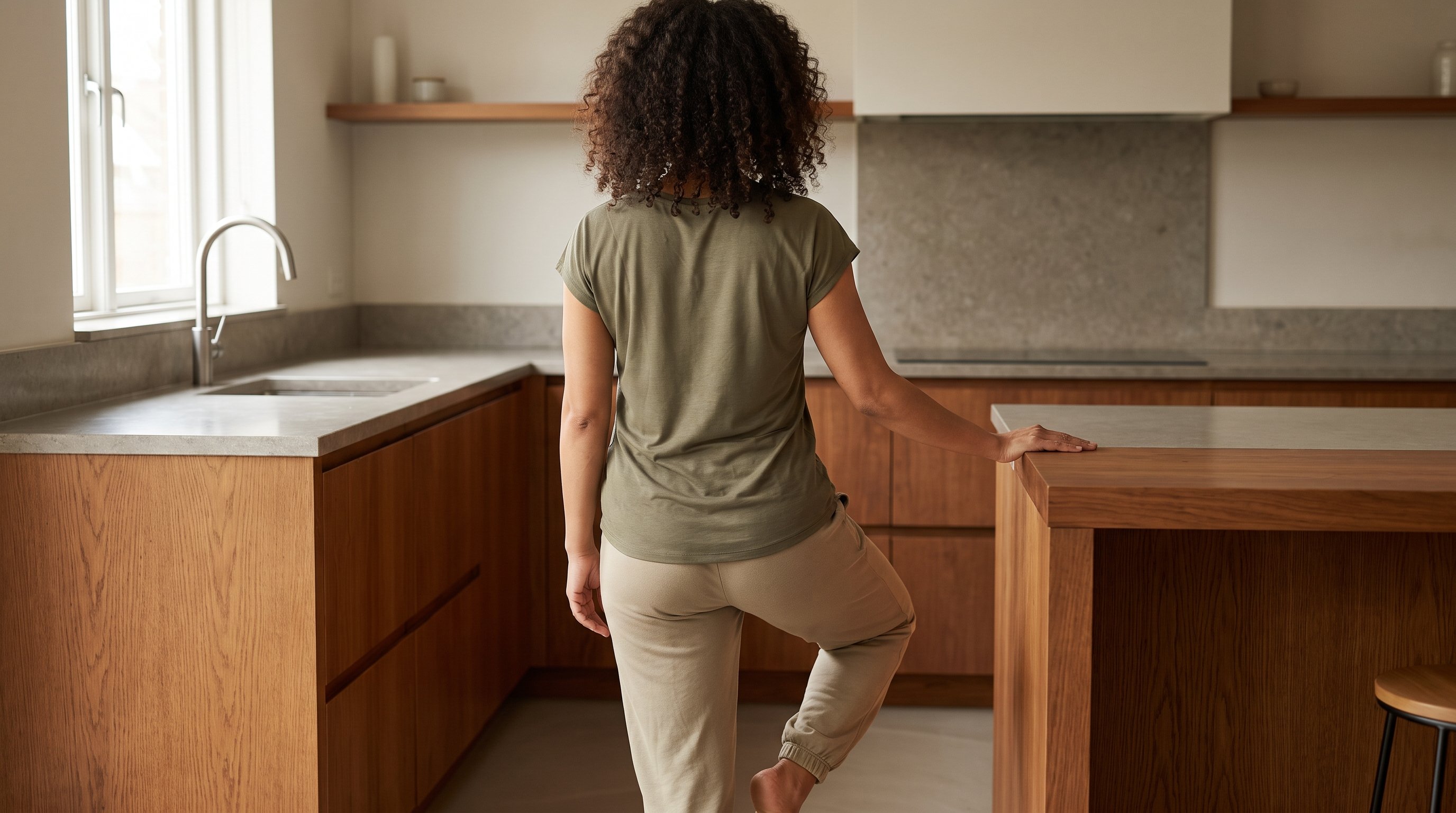 person doing standing knee circles near a kitchen counter