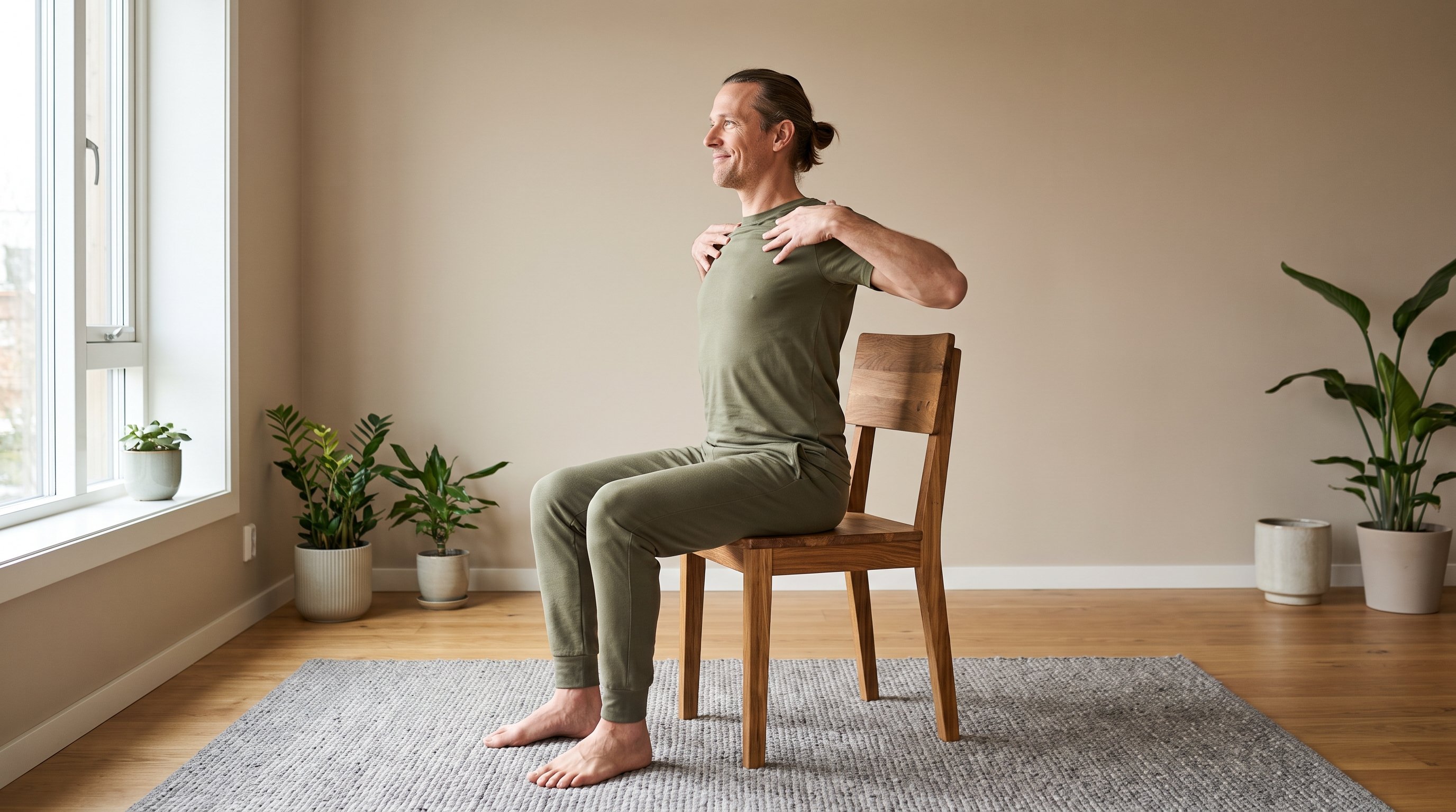 person rolling shoulders back while seated at a desk