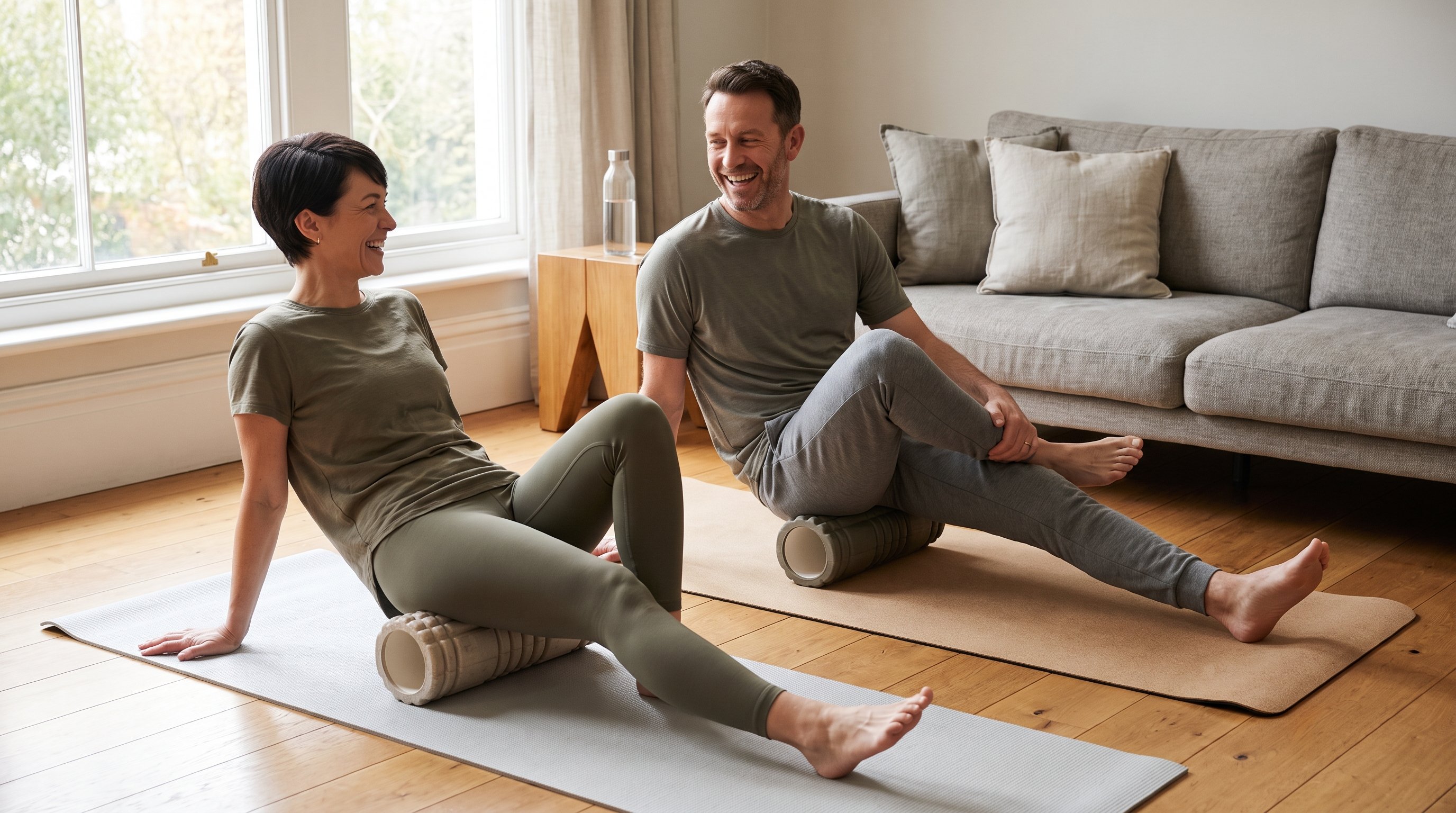 two friends exercising together at home
