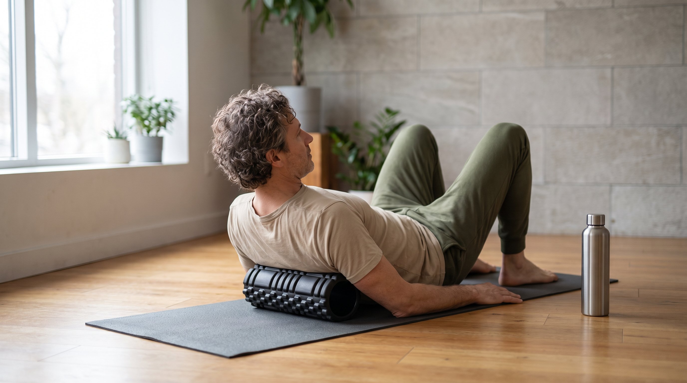 person using foam roller on living room floor