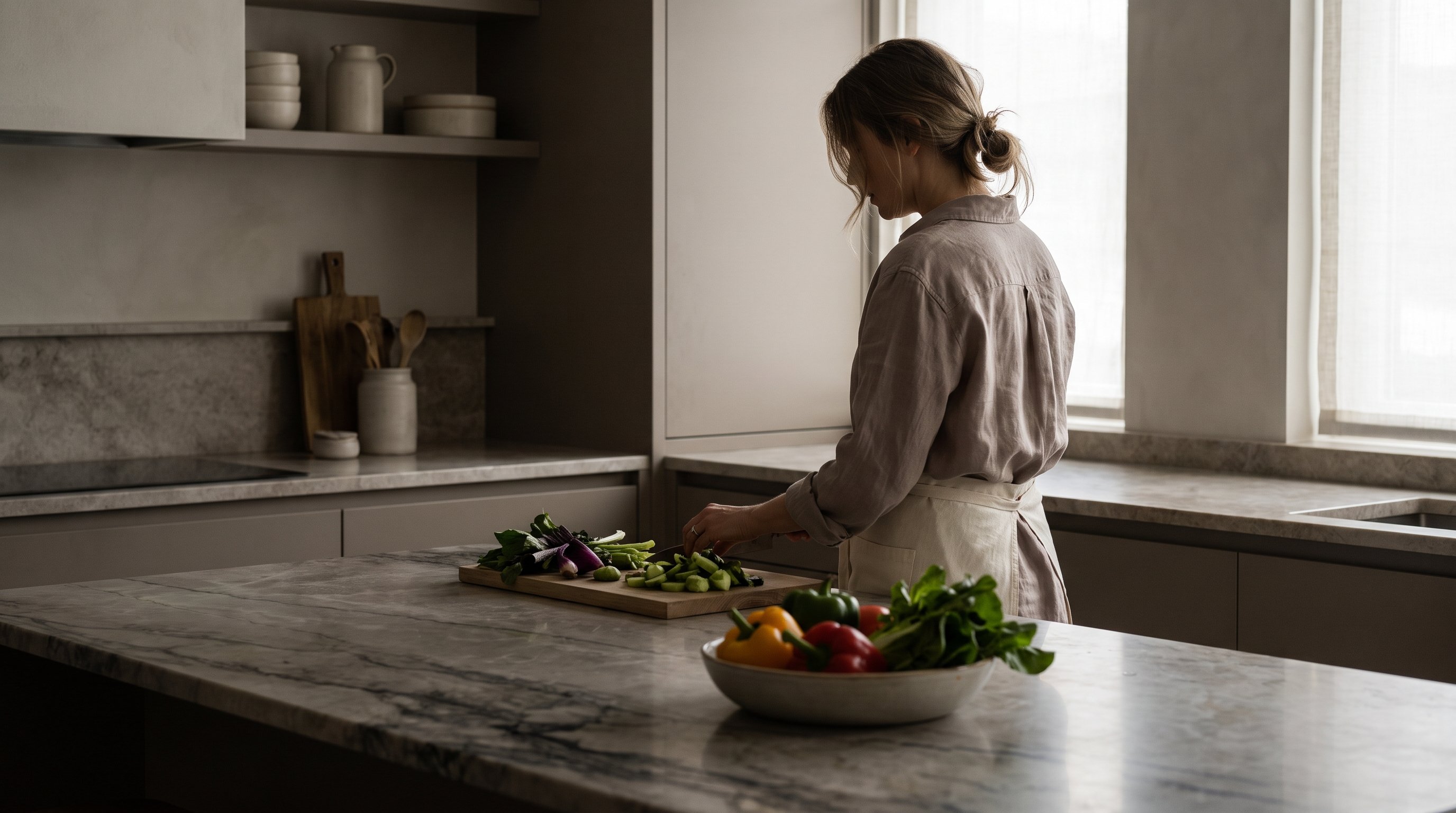 chopping herbs on cutting board