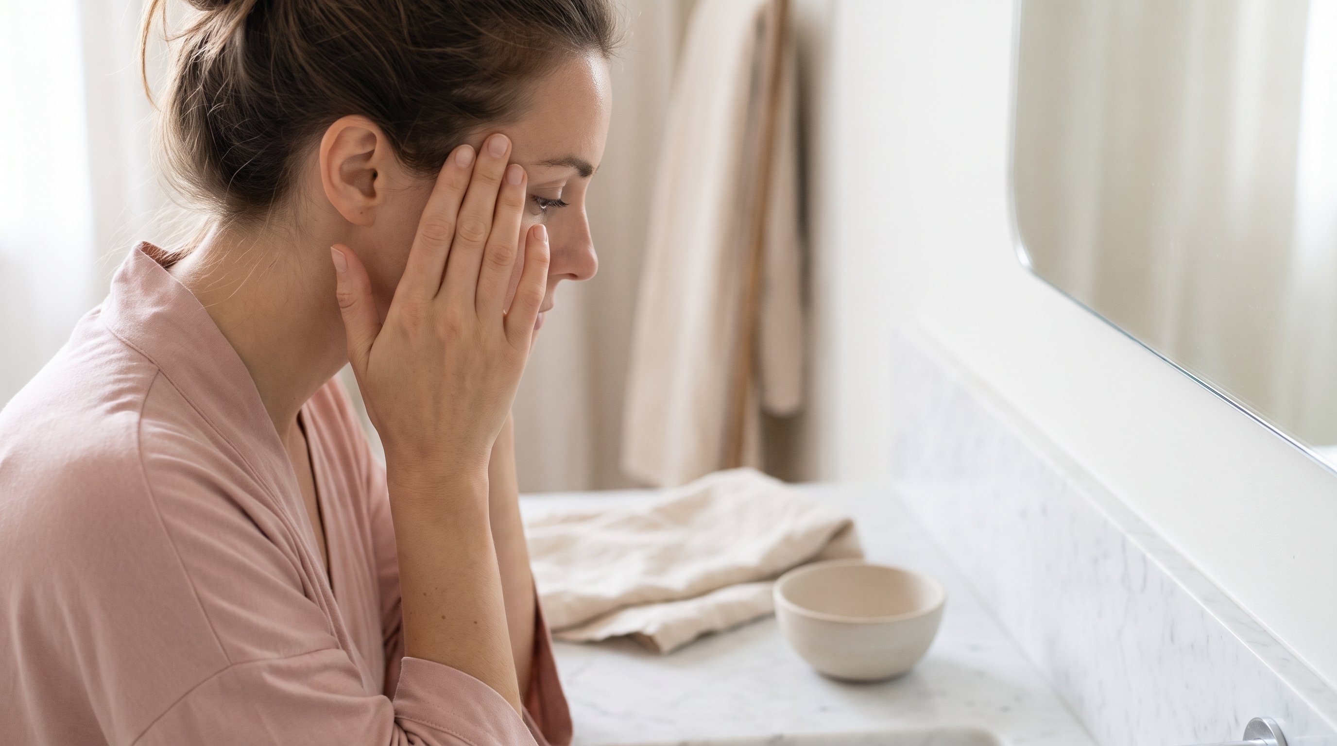 a woman in her 30s doing a gentle face yoga exercise in front of a bathroom mirror