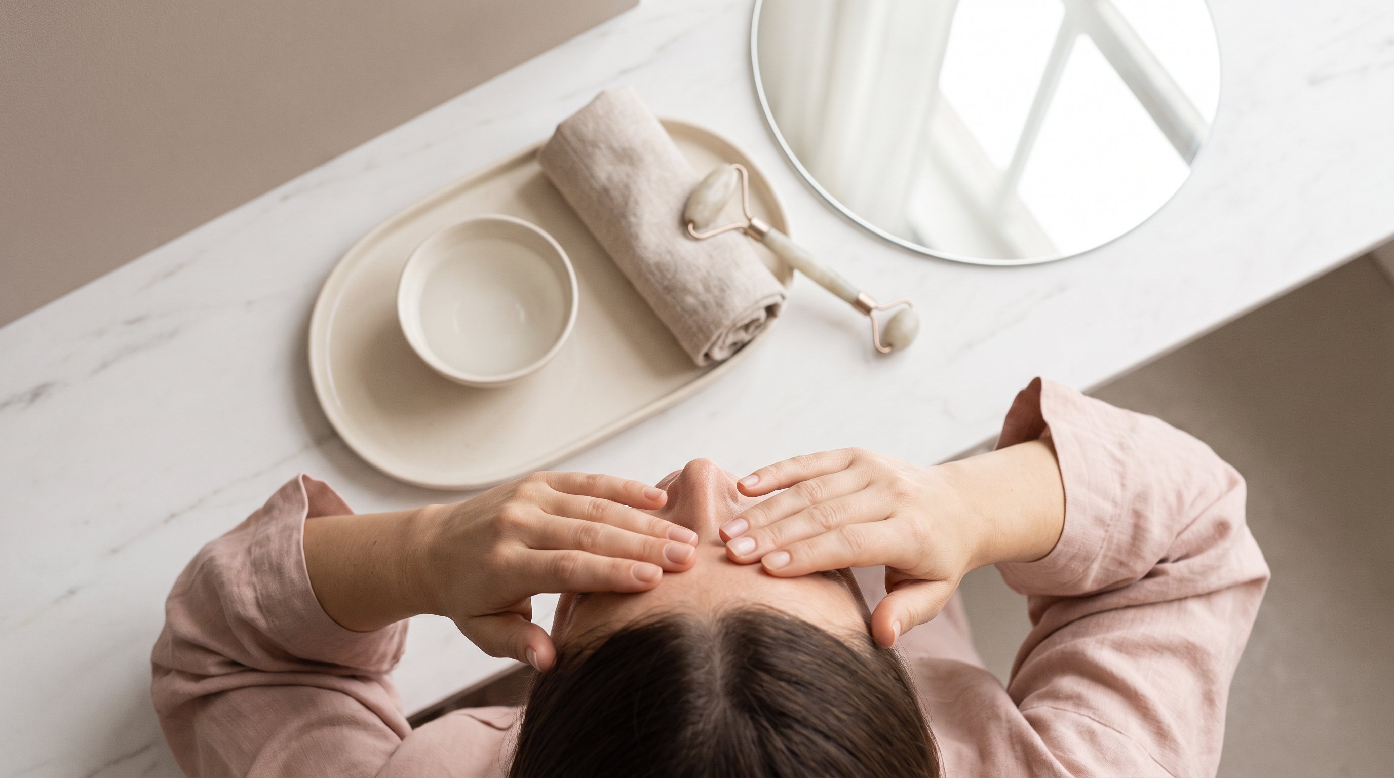woman doing a face yoga exercise in front of a mirror