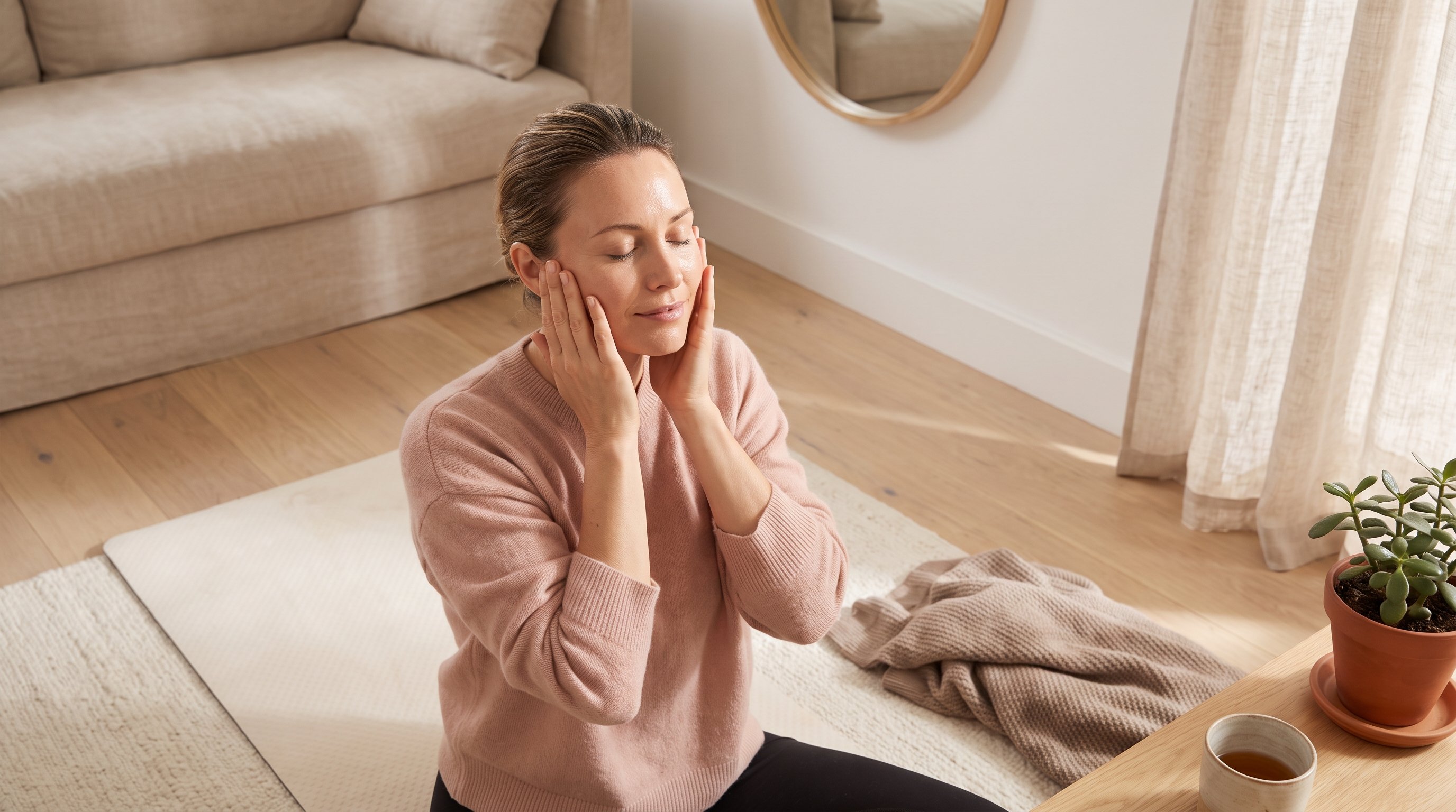 woman doing cheek exercises at home