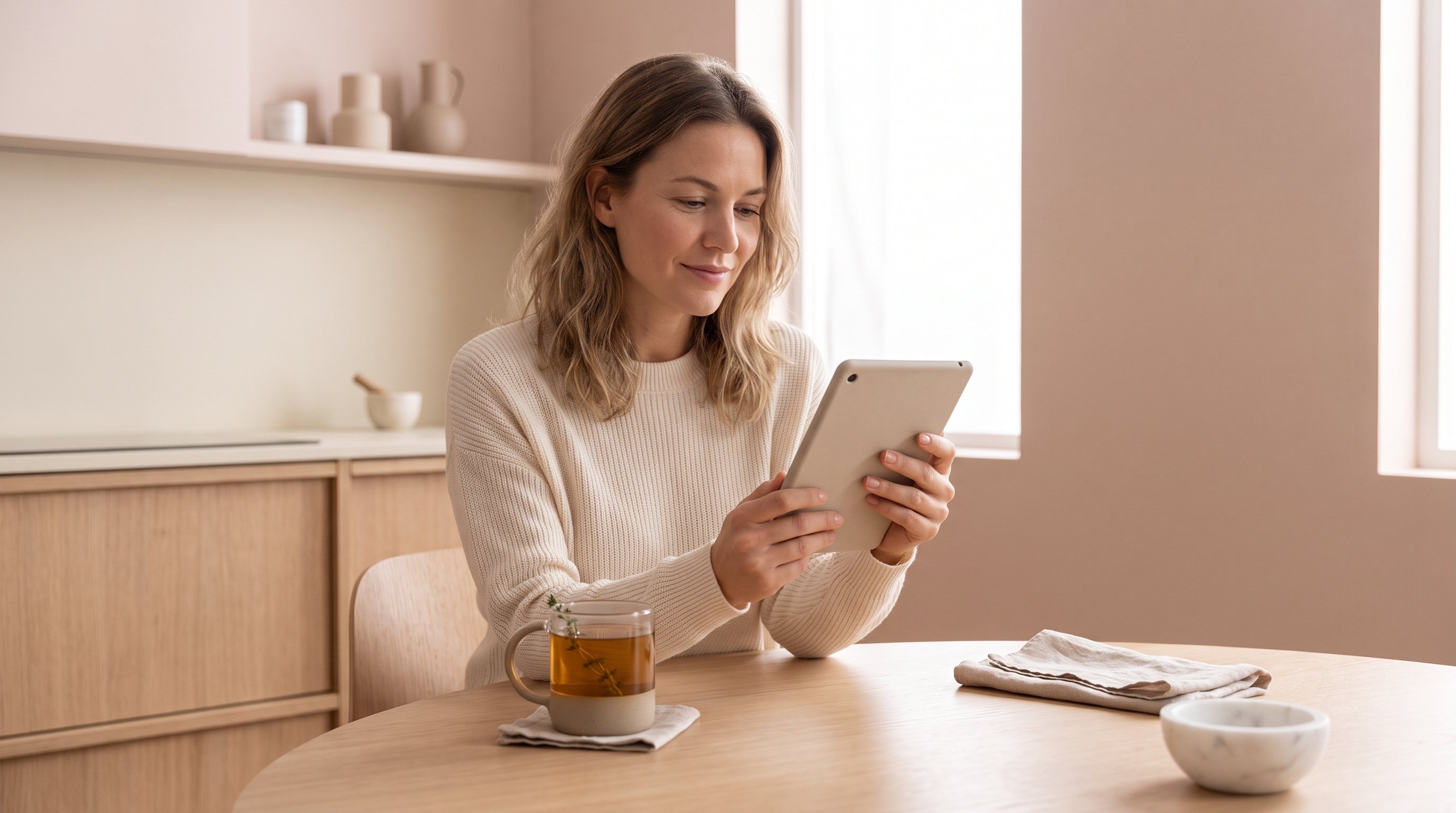 person checking subscription settings on a phone at a kitchen table