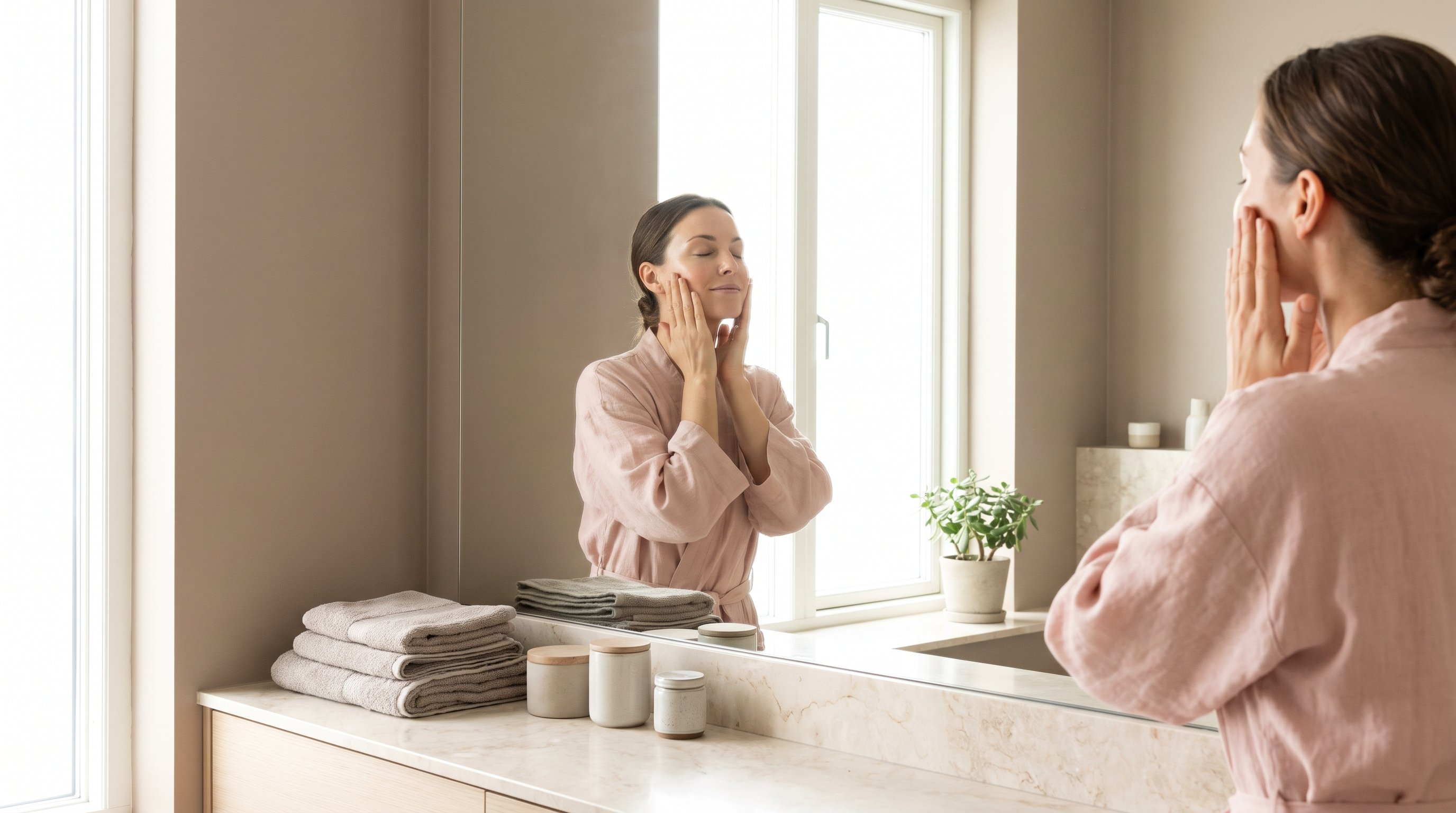 woman doing a face yoga exercise in front of a mirror