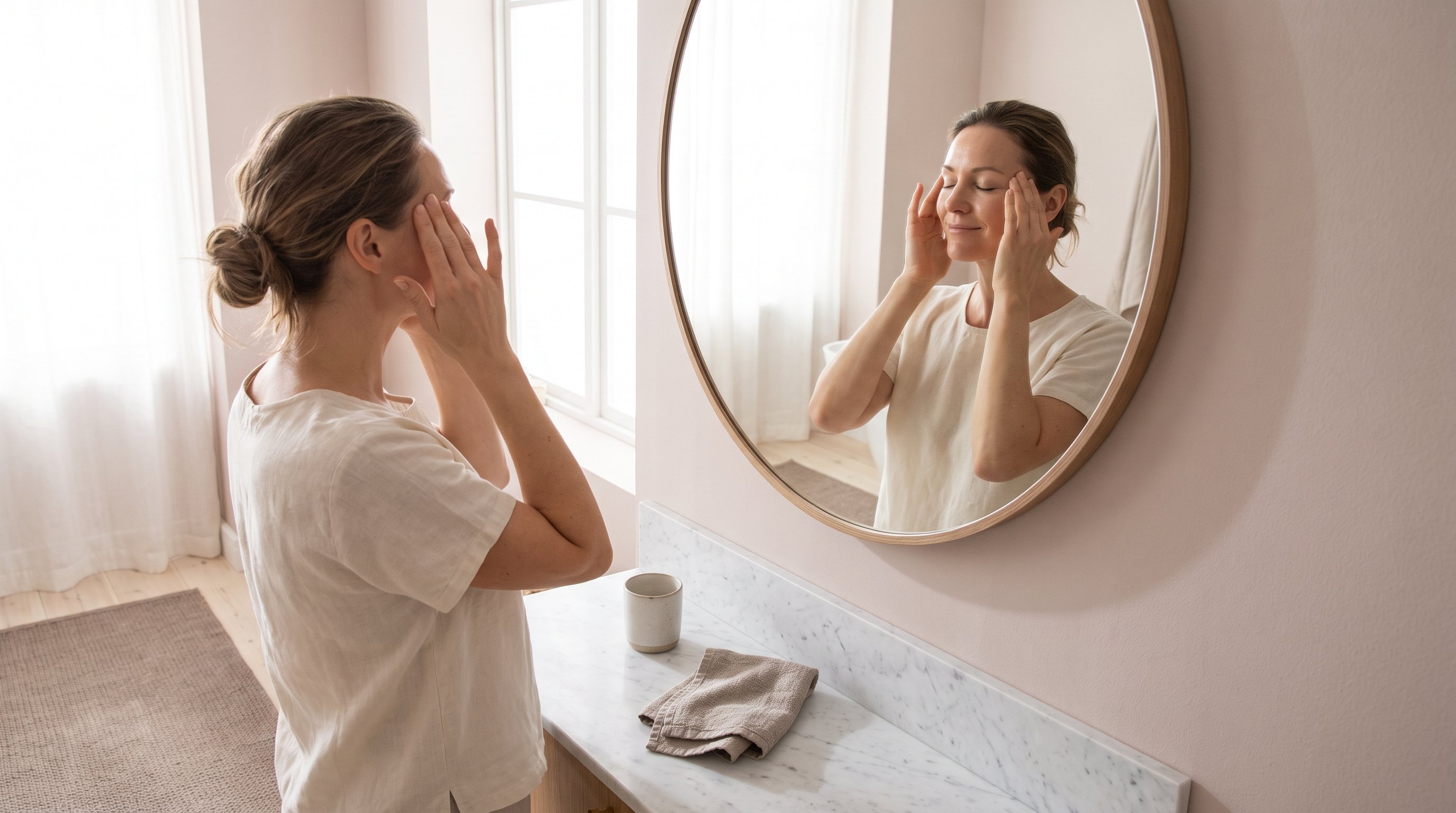 woman doing a face yoga exercise in front of a mirror woman doing a face yoga exercise in front of a mirror