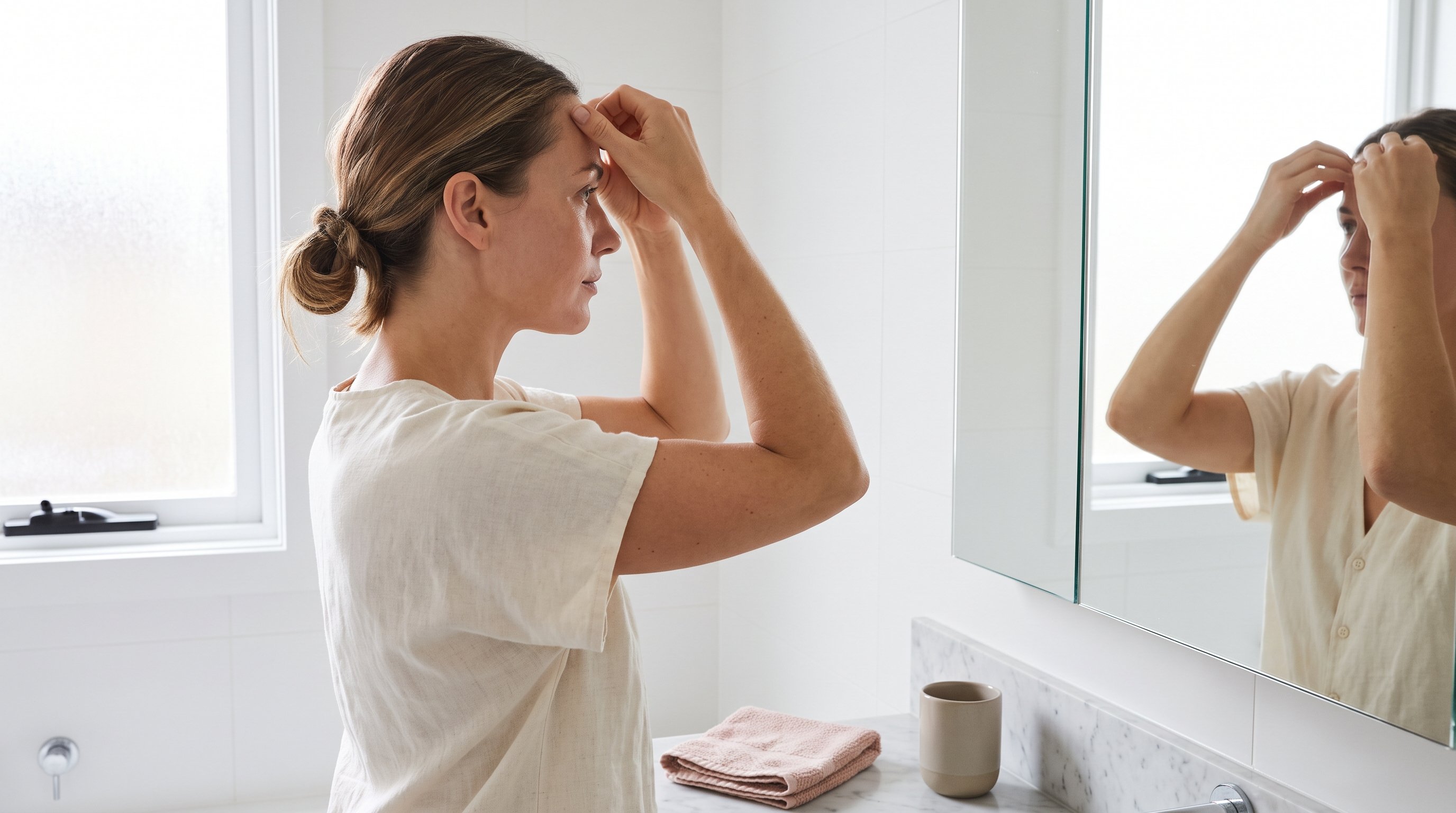 a woman in her 30s doing a gentle face yoga exercise in front of a bathroom mirror