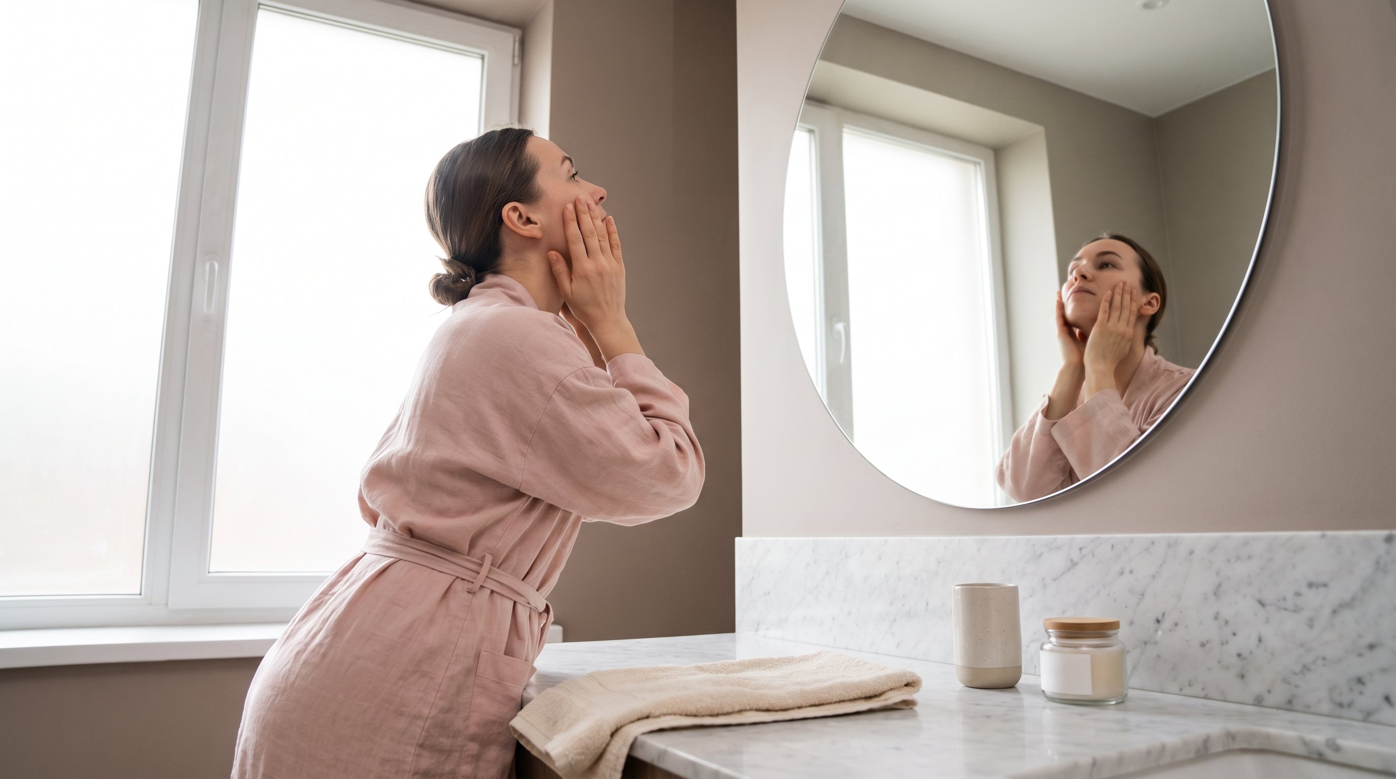 a woman in her 30s doing a gentle face yoga exercise in front of a bathroom mirror