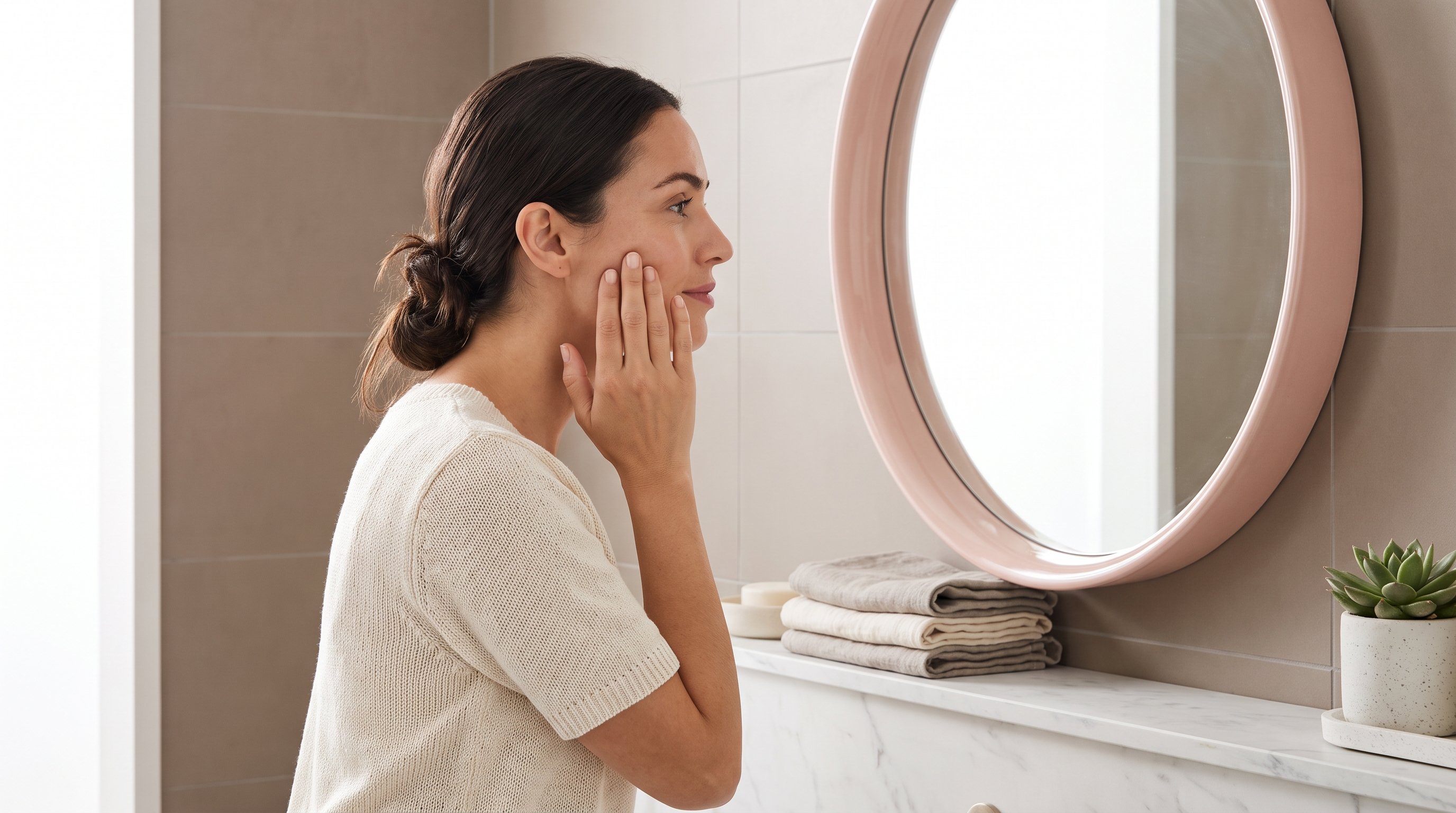 woman doing a face yoga exercise in front of a mirror woman doing a face yoga exercise in front of a mirror