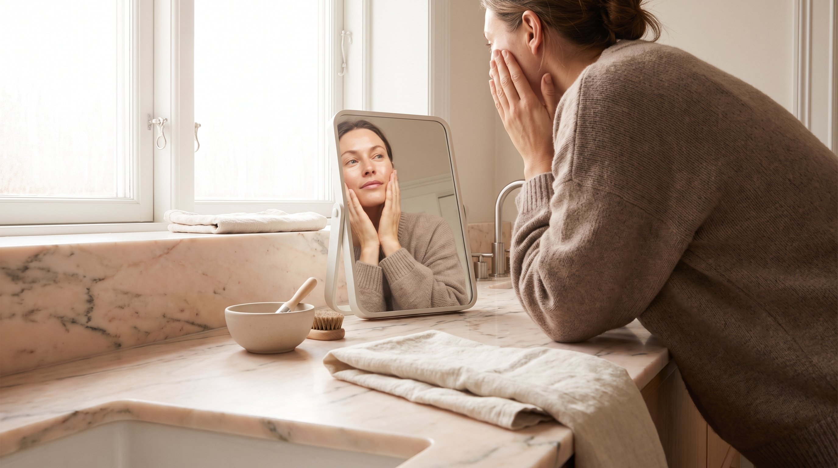 woman doing skincare routine at mirror