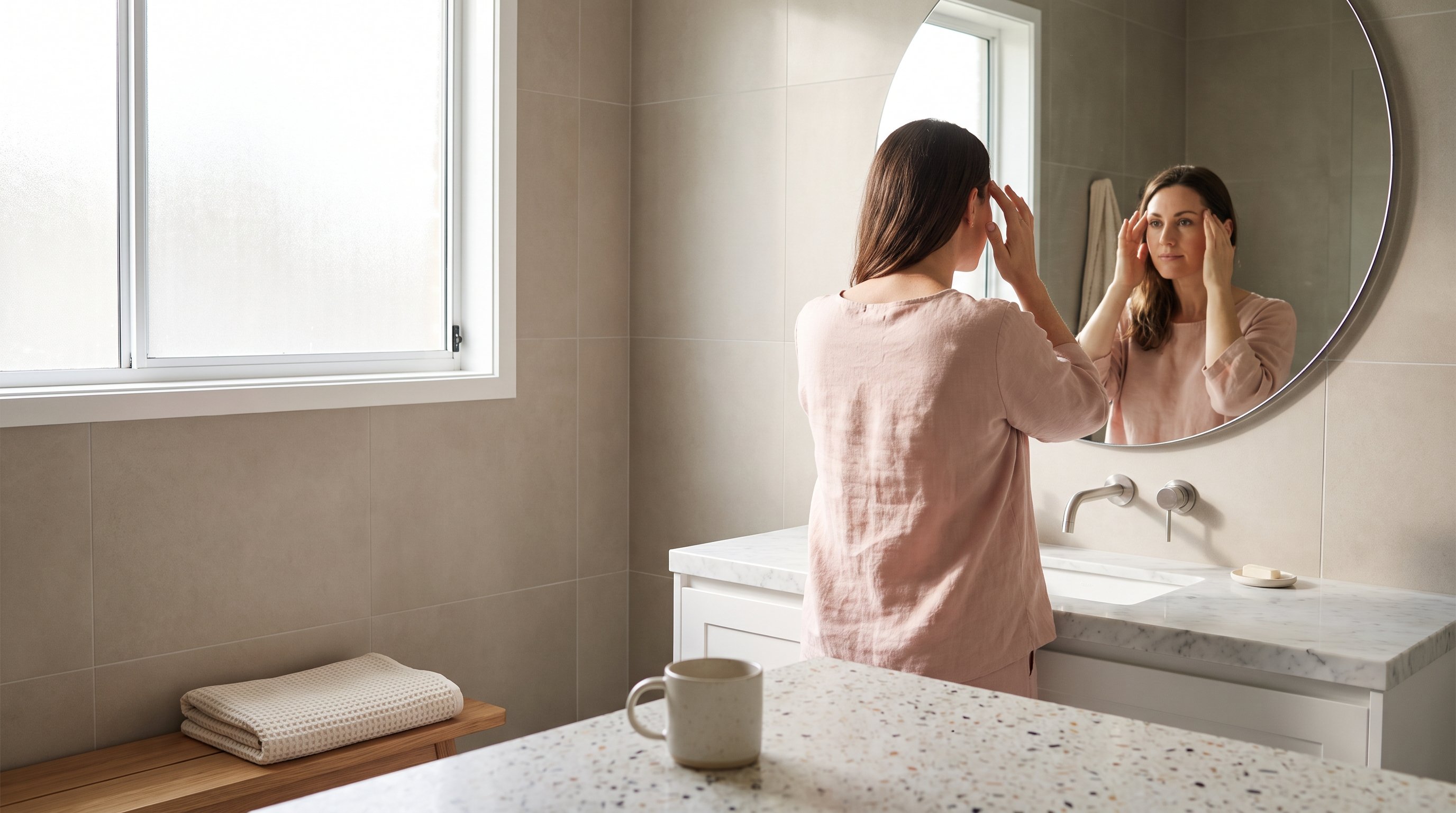 woman doing a face yoga exercise in front of a mirror woman doing a face yoga exercise in front of a mirror