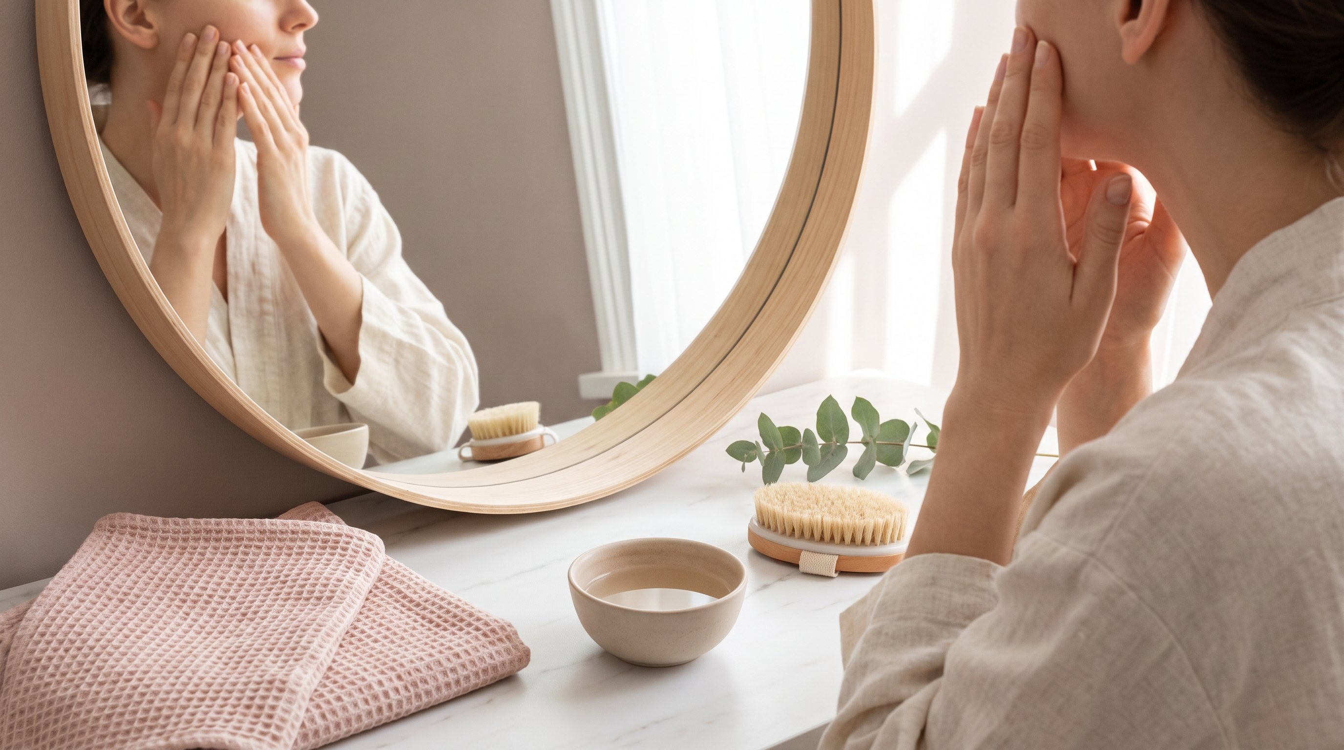 a woman in her 30s doing a gentle face yoga exercise in front of a bathroom mirror