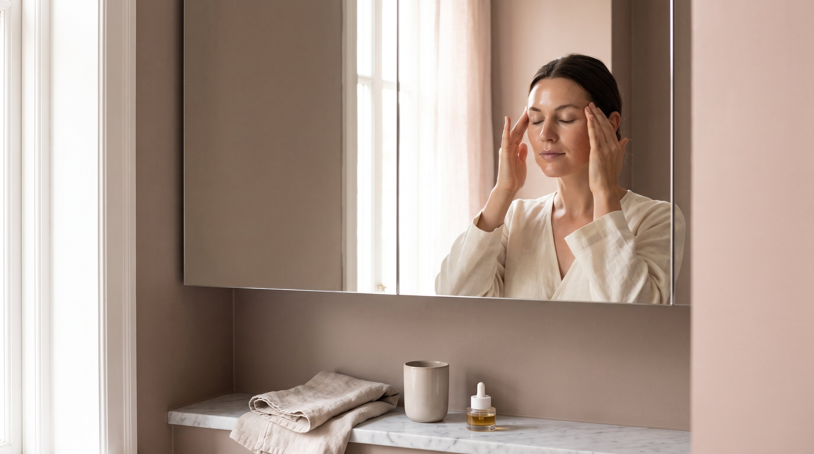 woman doing a face yoga exercise in front of a mirror woman doing a face yoga exercise in front of a mirror