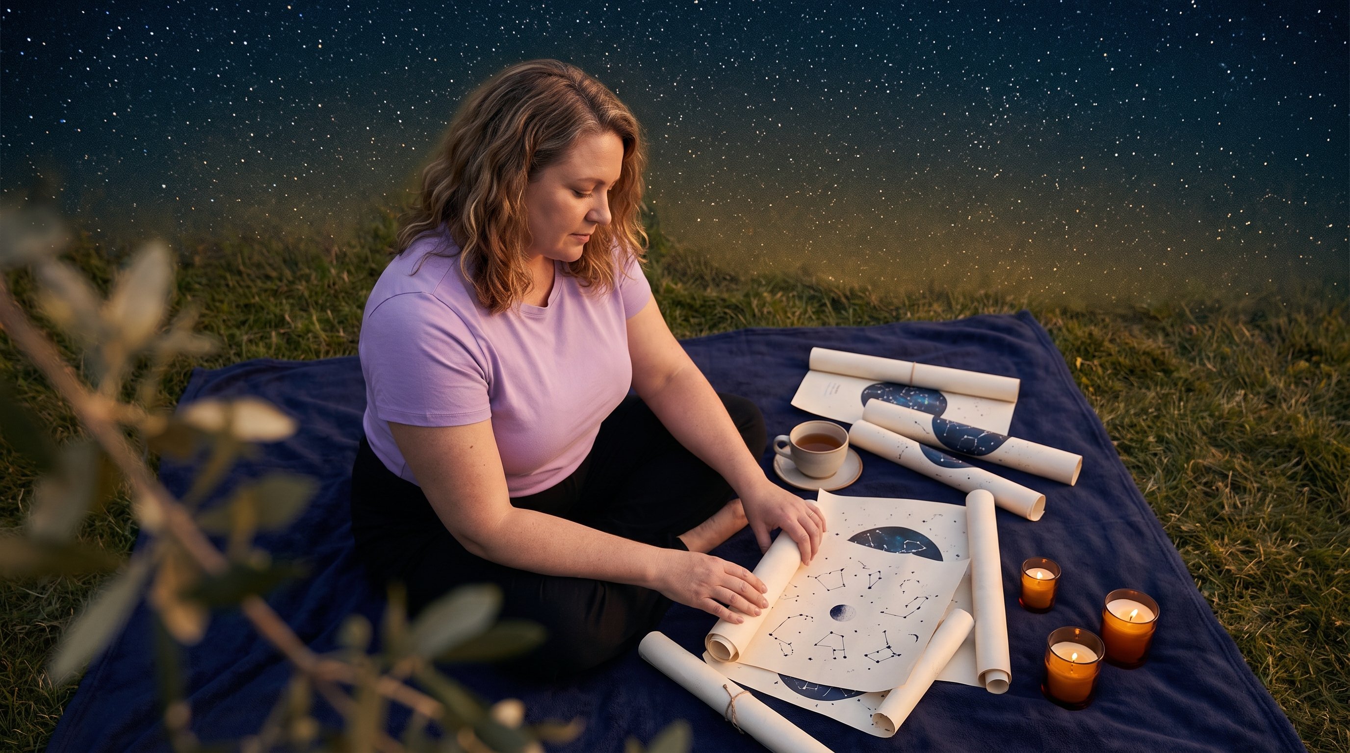 person comparing a printed birth chart against a laptop screen at a kitchen table