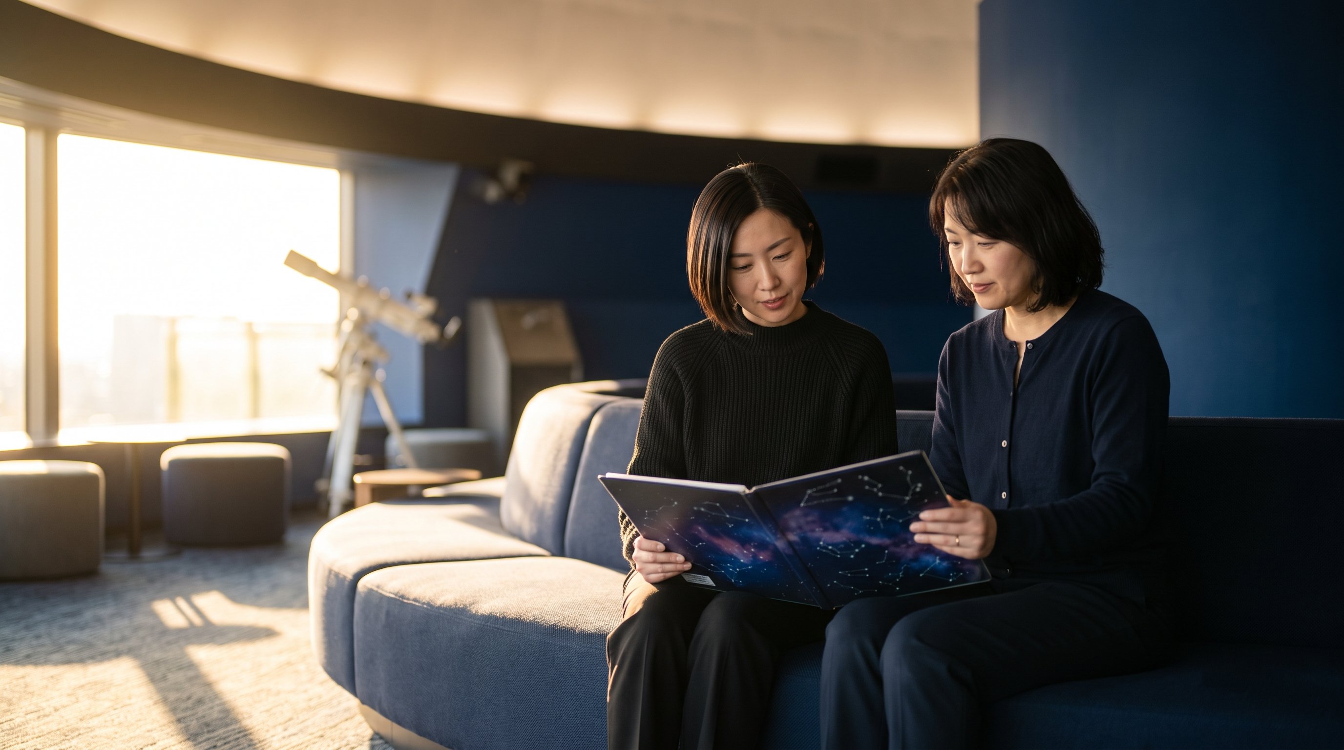two friends reading a book together on a sofa