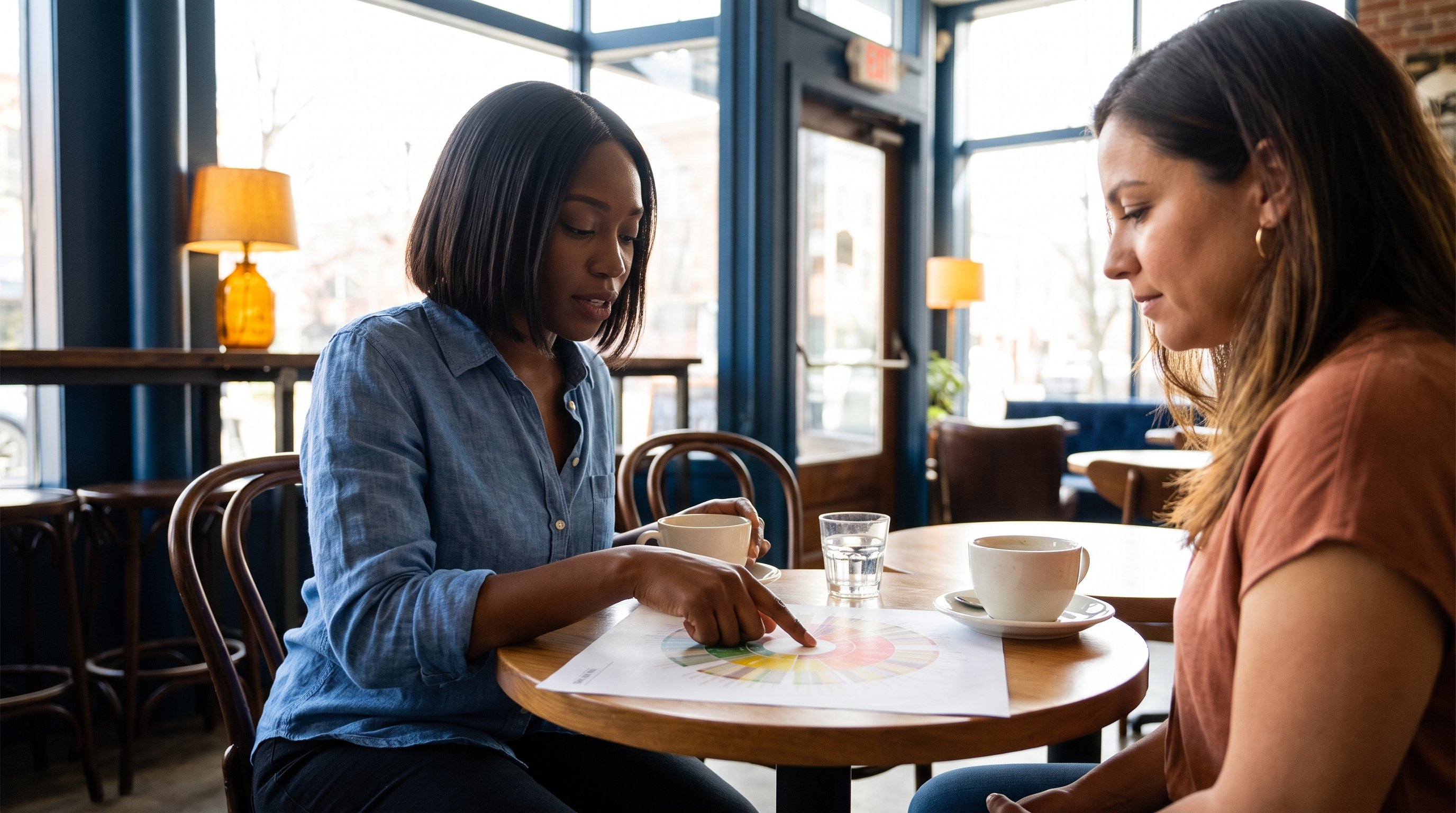 two people comparing a printed birth chart at a kitchen table
