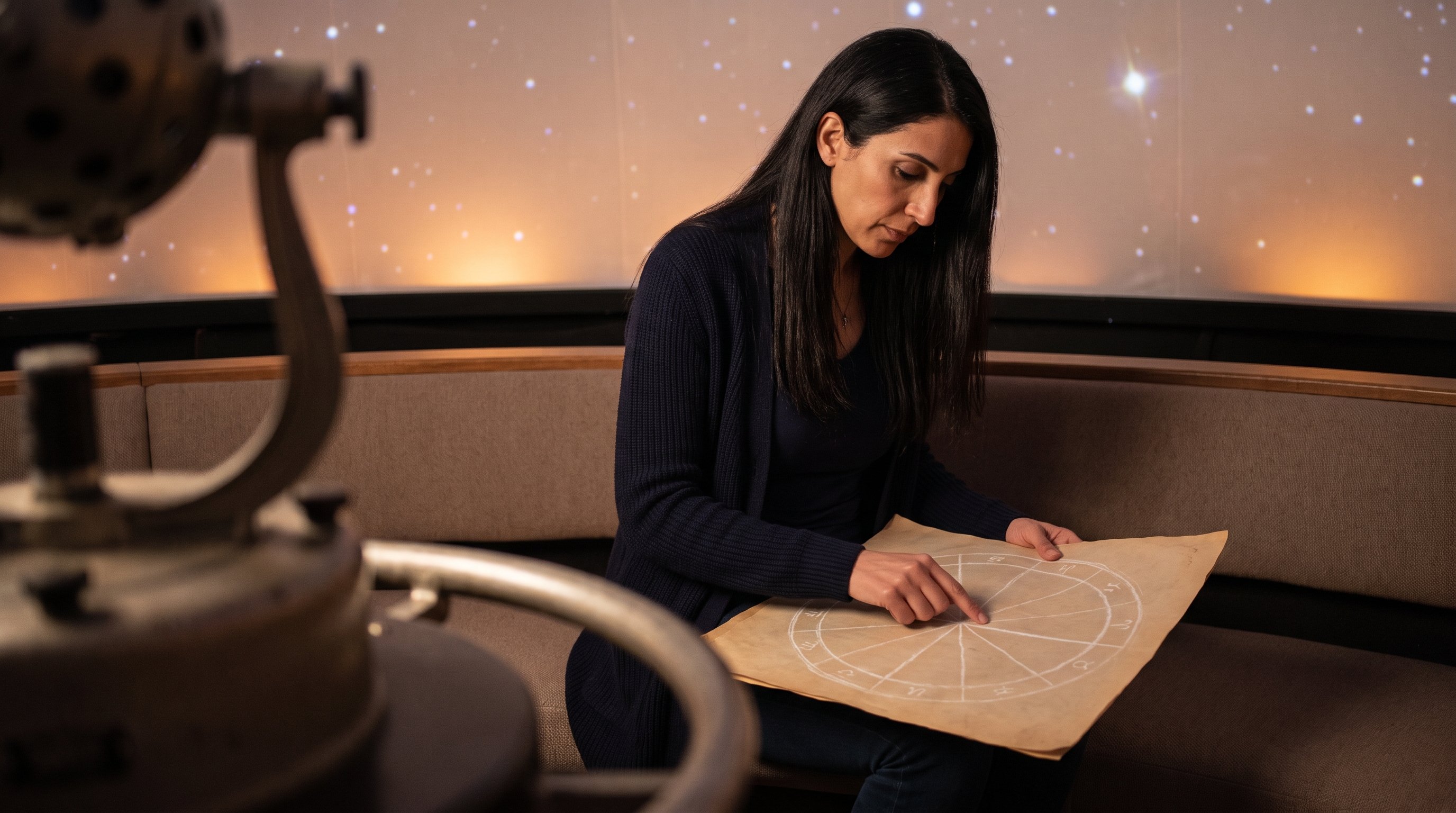 person tracing a hand drawn wheel chart divided into twelve sections