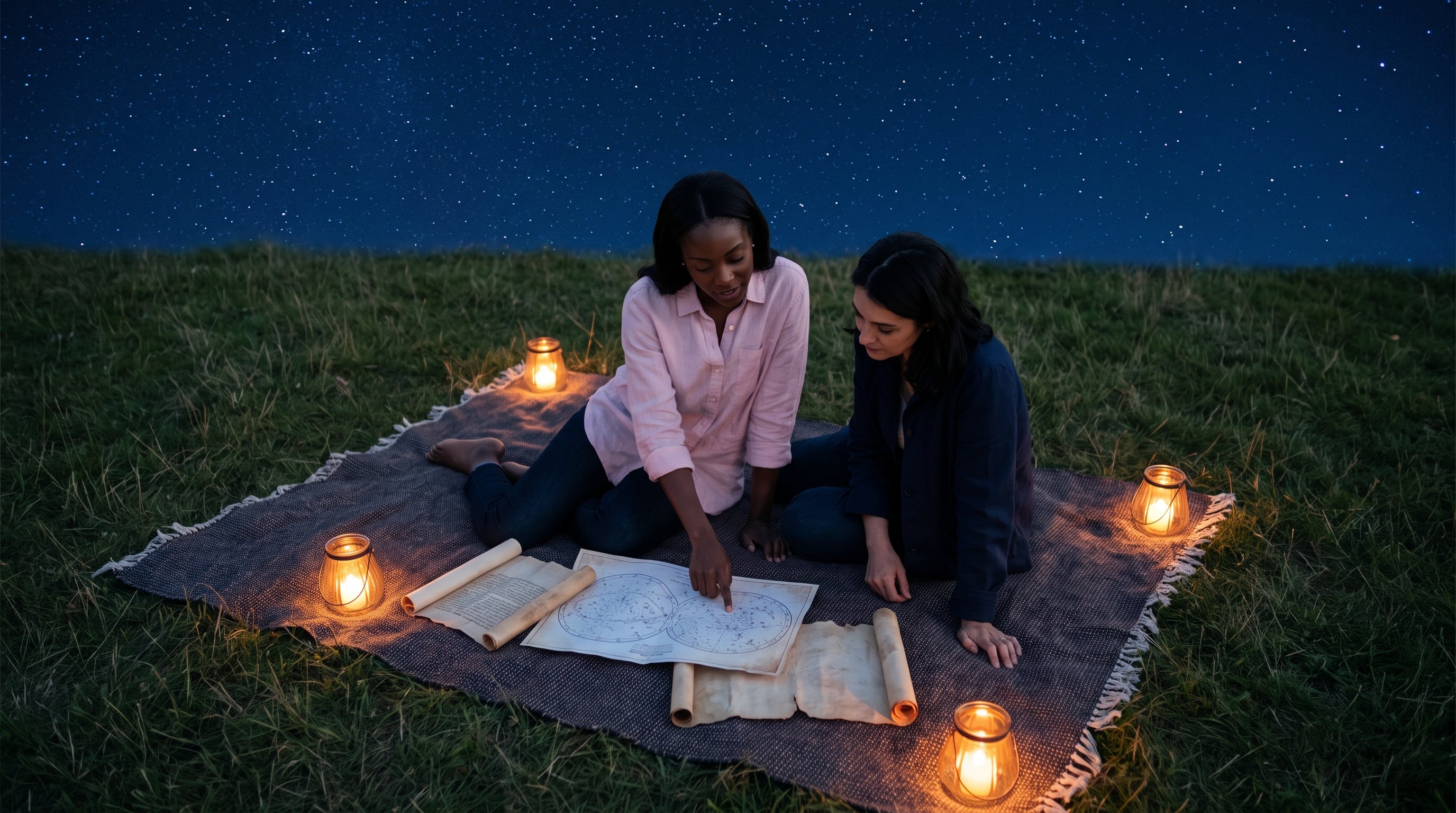 two people comparing notes over paper charts at a table