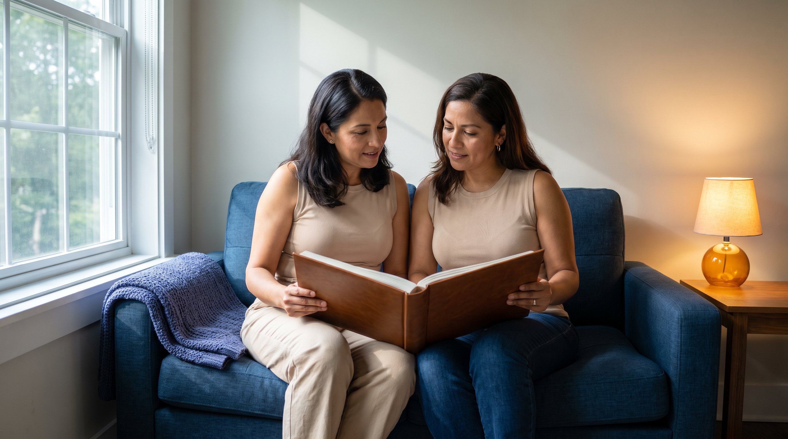 couple sitting on a sofa looking at a tablet together