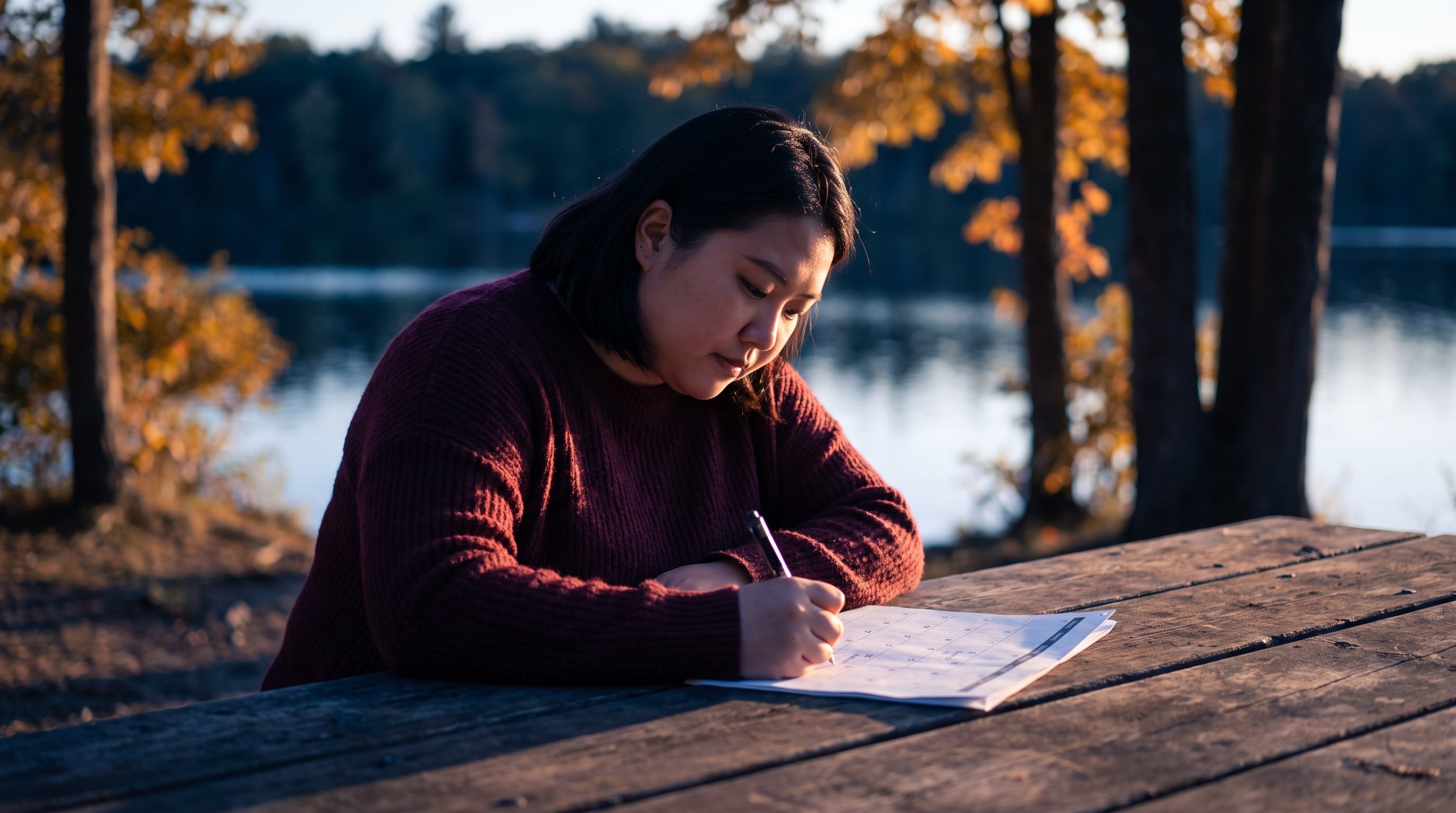 person writing in a planner at a kitchen table in the morning