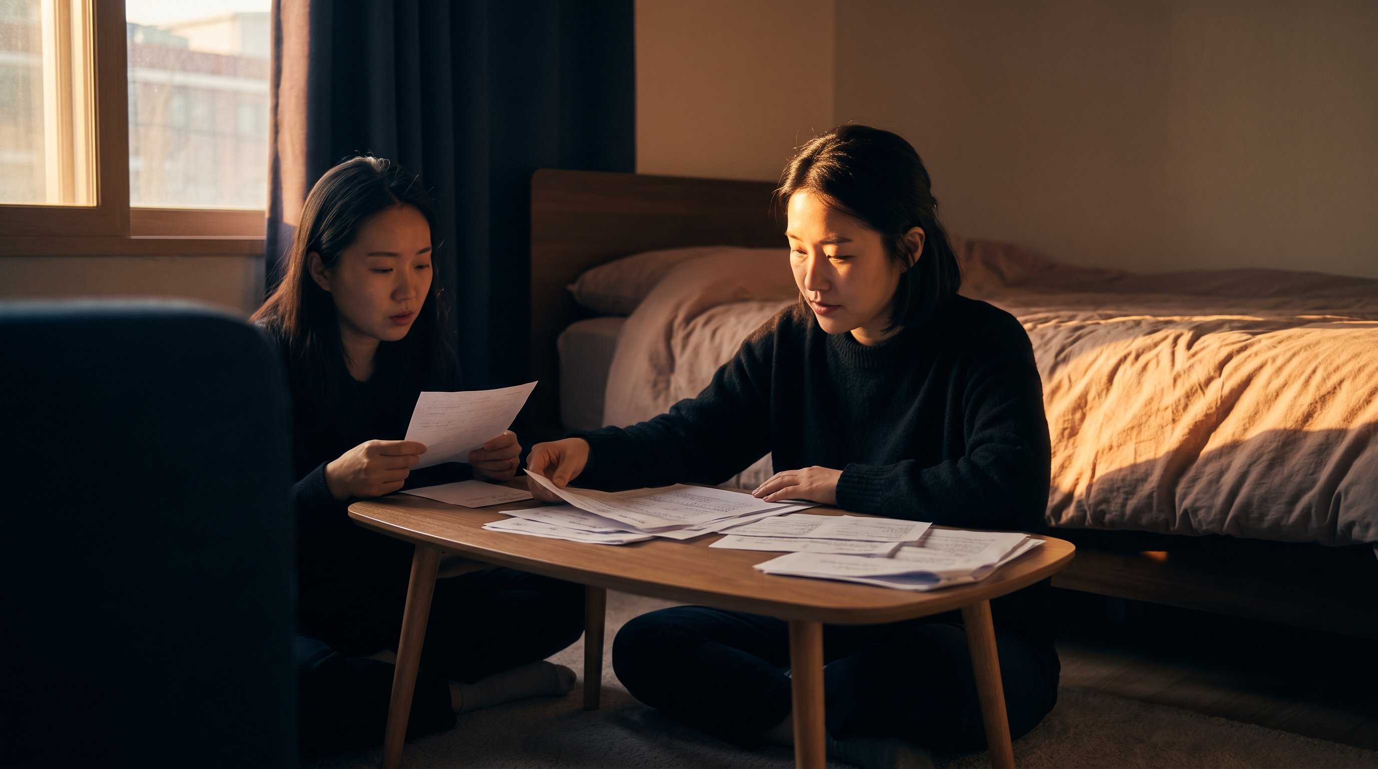 couple sitting across a table comparing handwritten notes