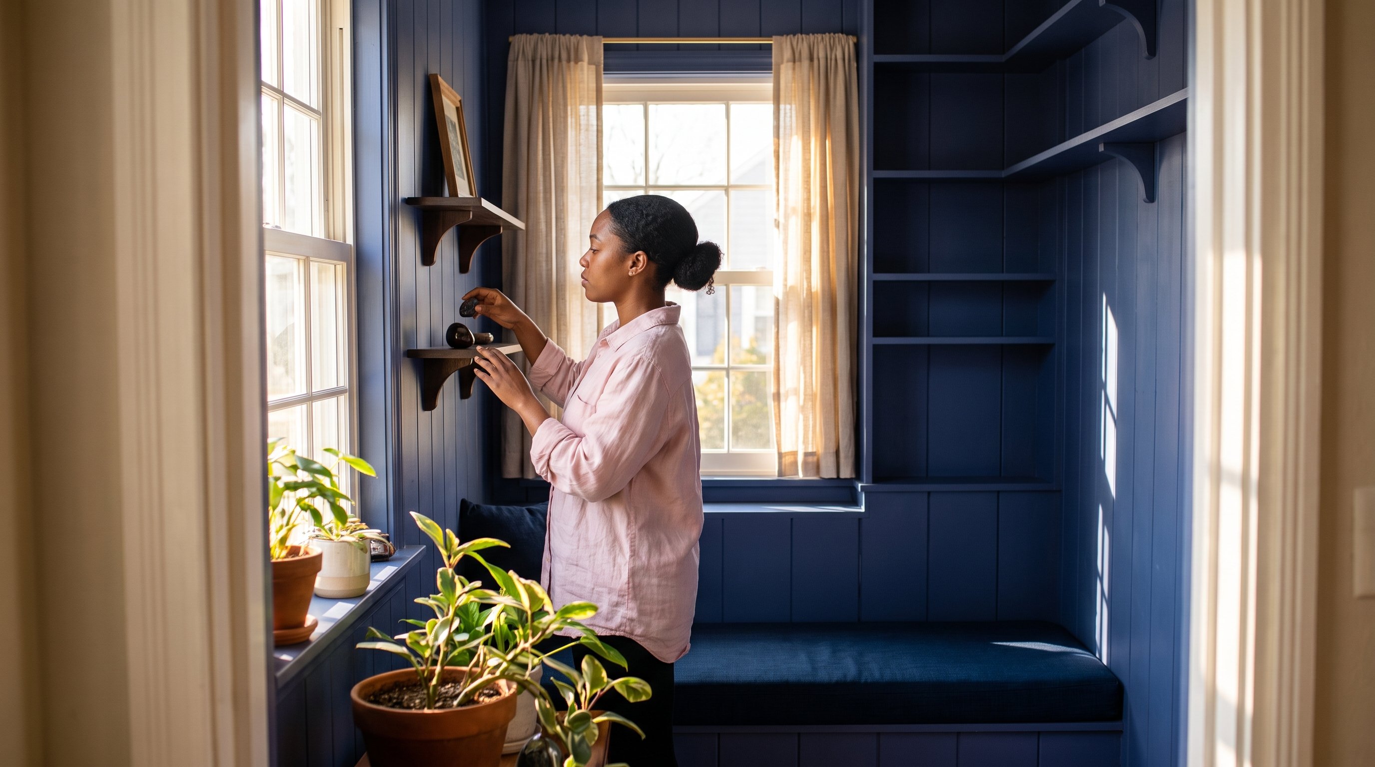 person holding small polished stone near sunlit window
