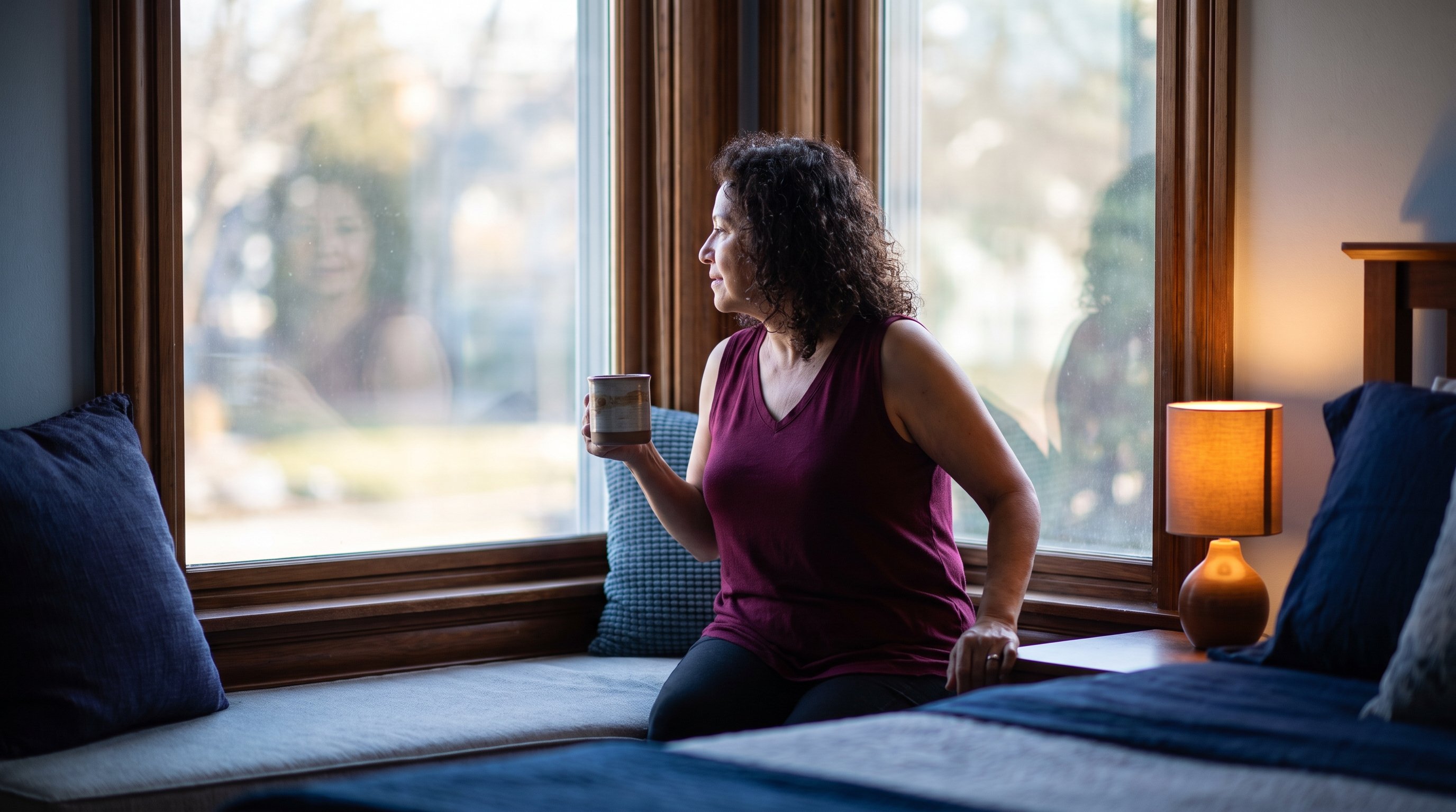 person reading phone with coffee in morning light