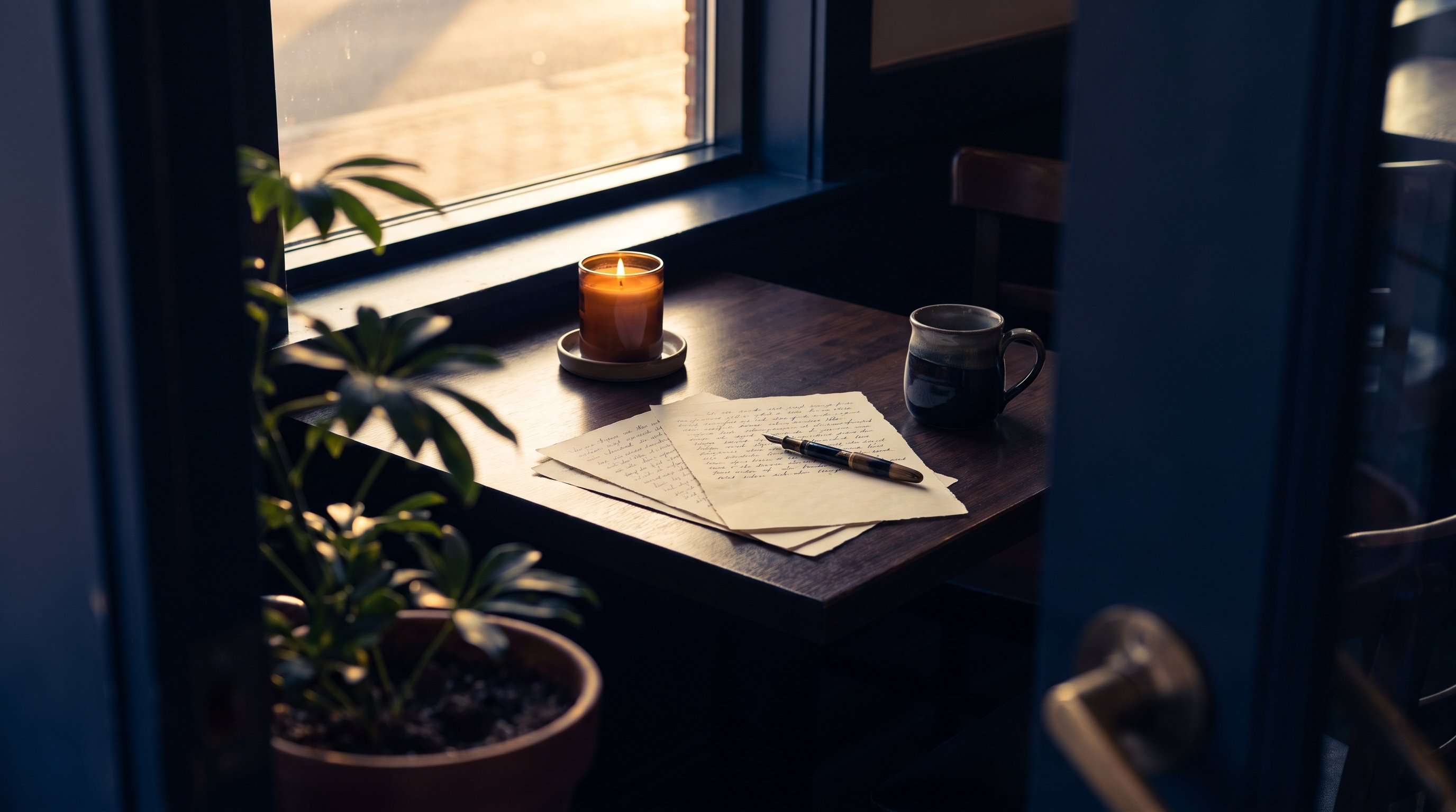 person writing in a journal by candlelight at night