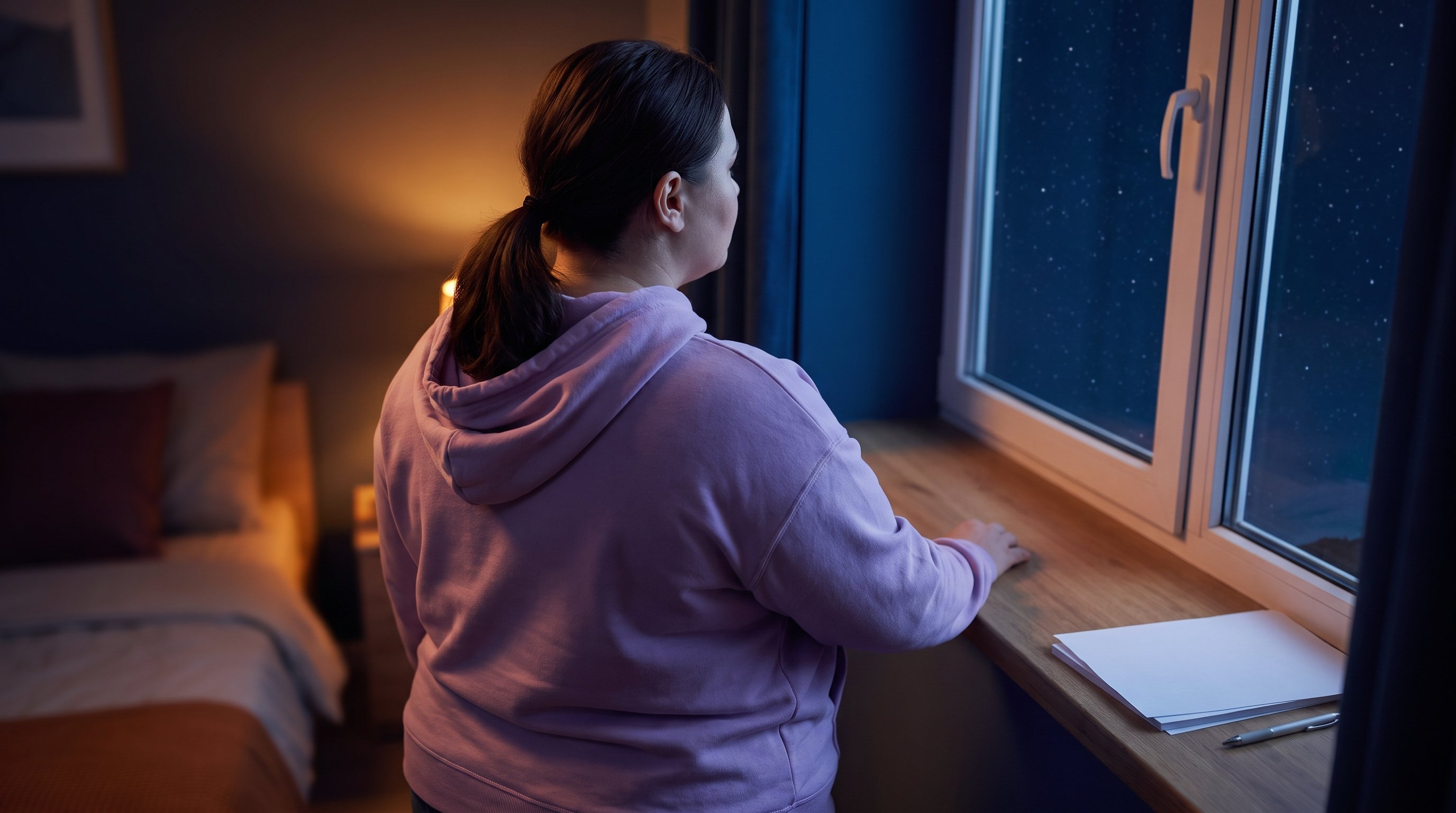 open notebook and pen on a windowsill at night