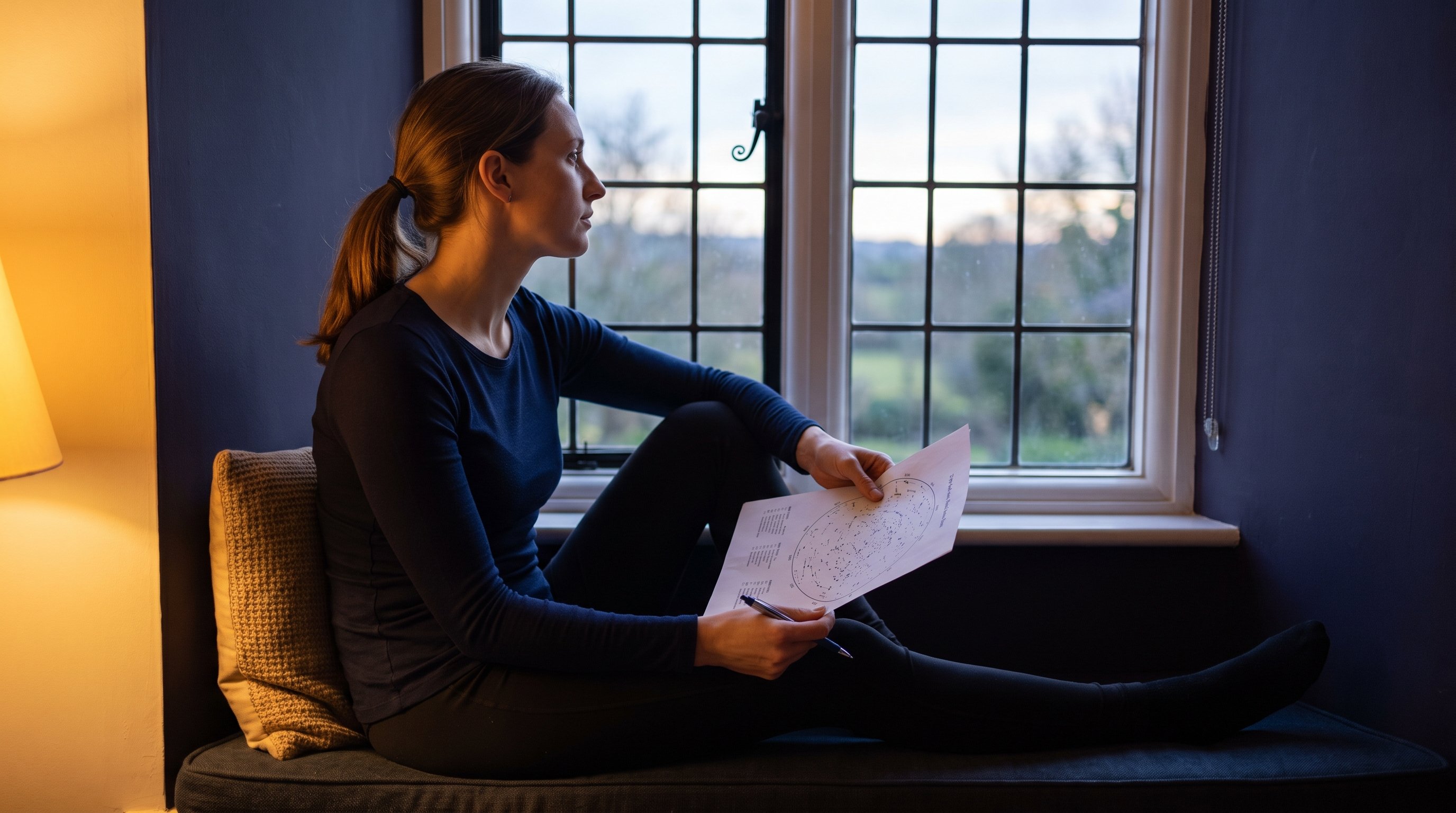 person writing in a journal beside a printed birth chart