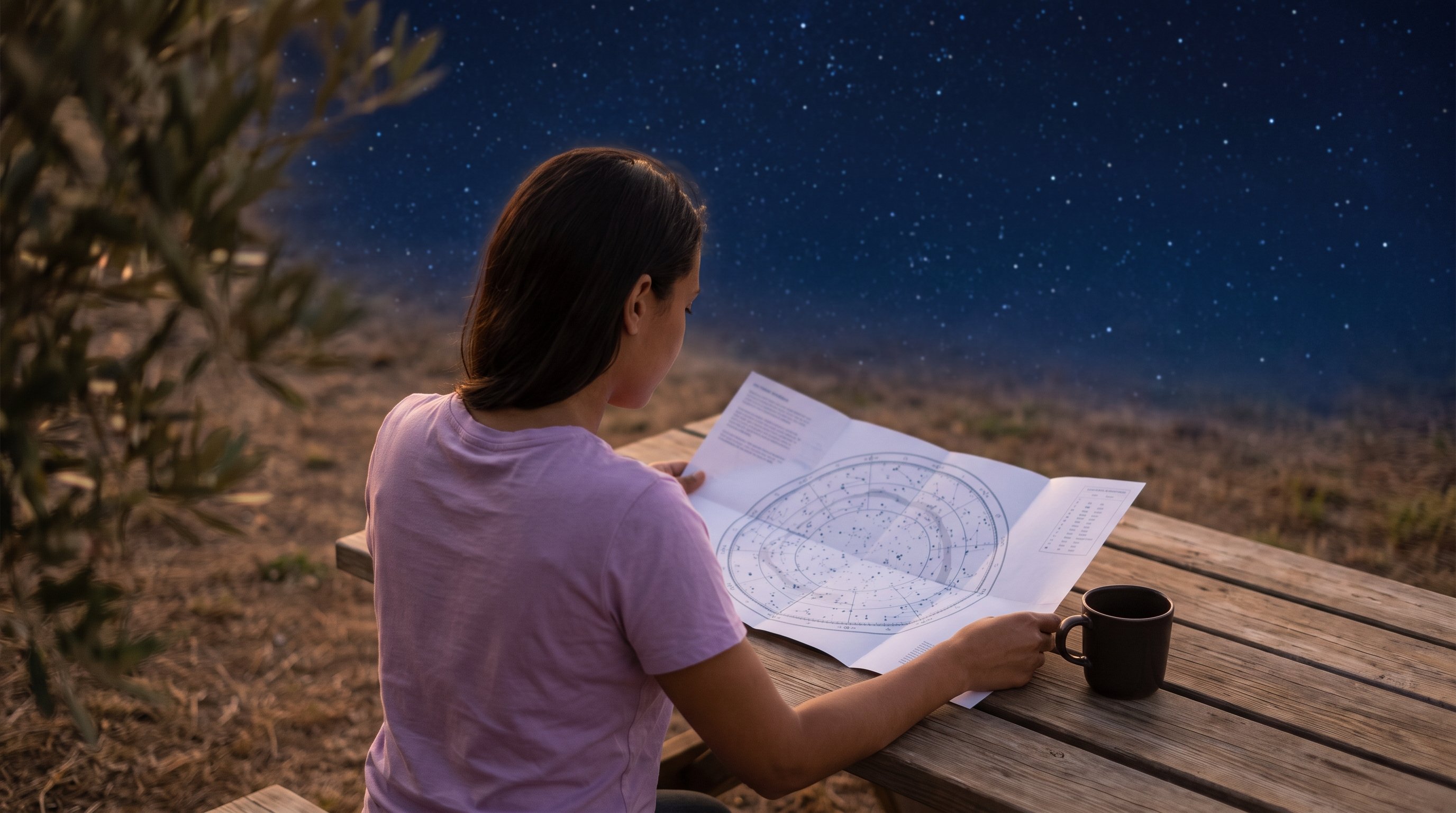 person comparing birth chart notes at a wooden desk