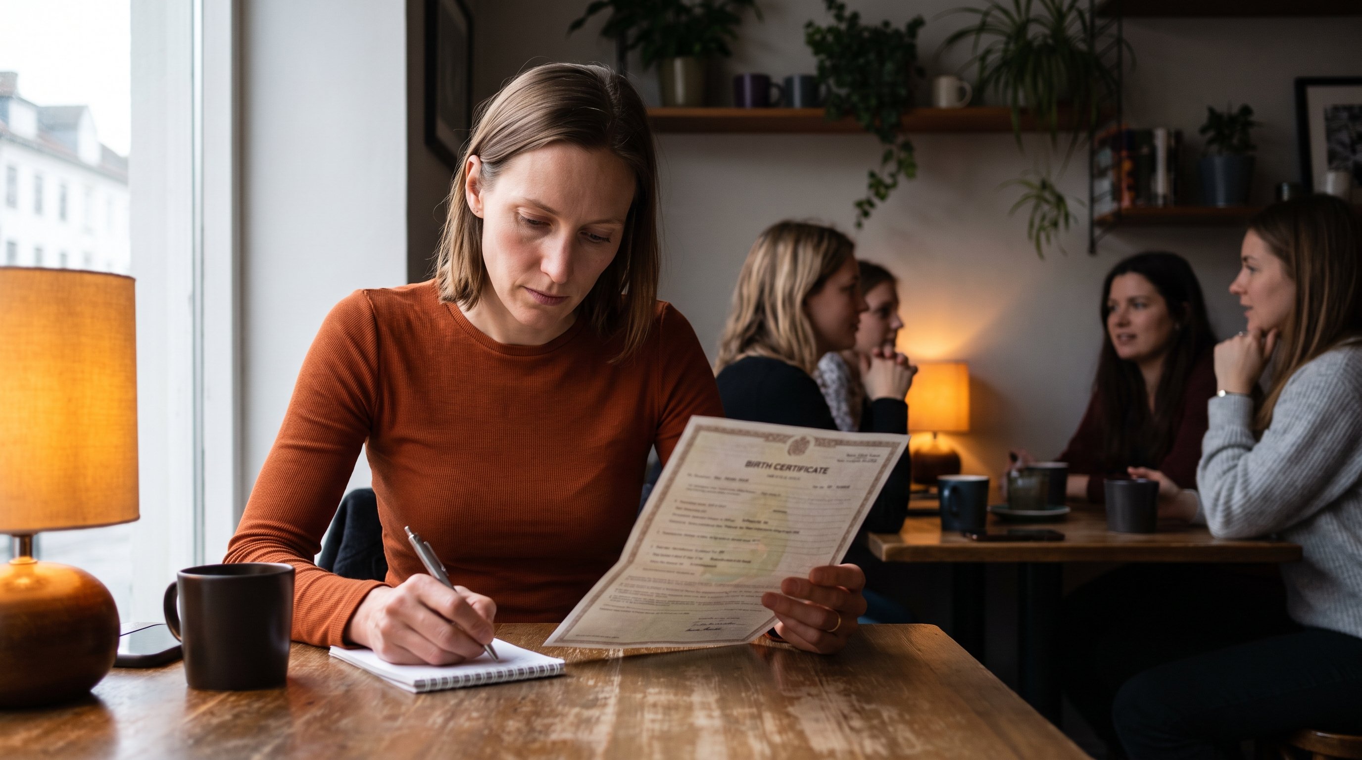 person checking birth details on paper at night
