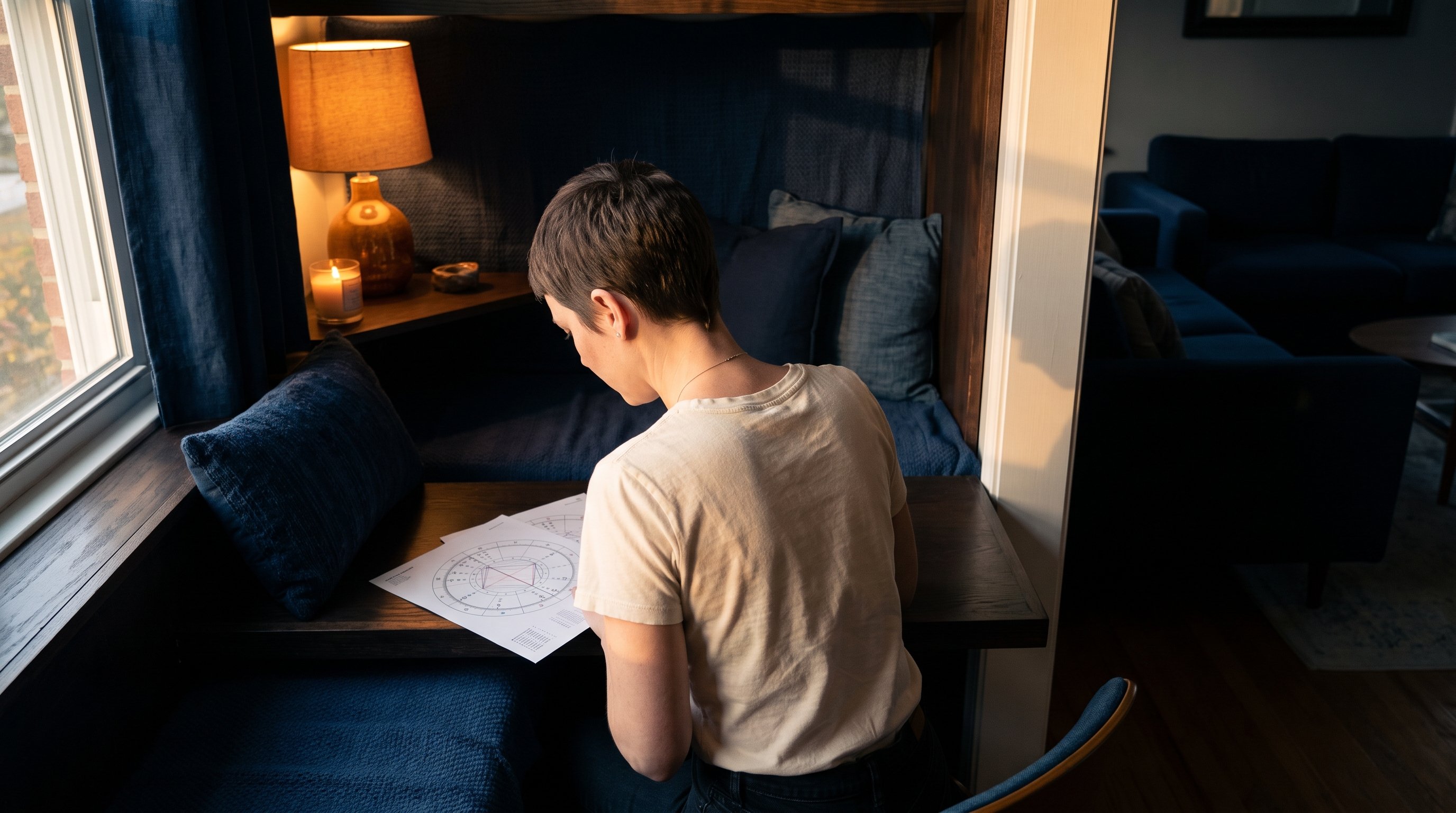 person studying a printed star chart at a desk