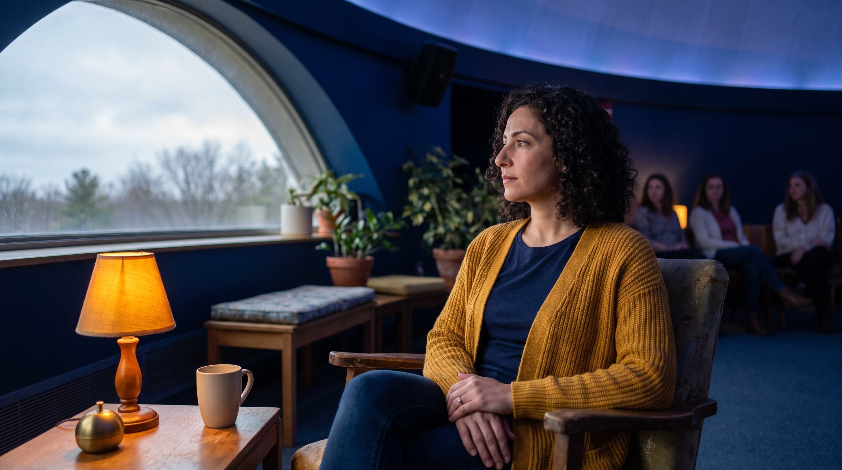 A reflective woman in her 30s in a cozy reading nook in the morning