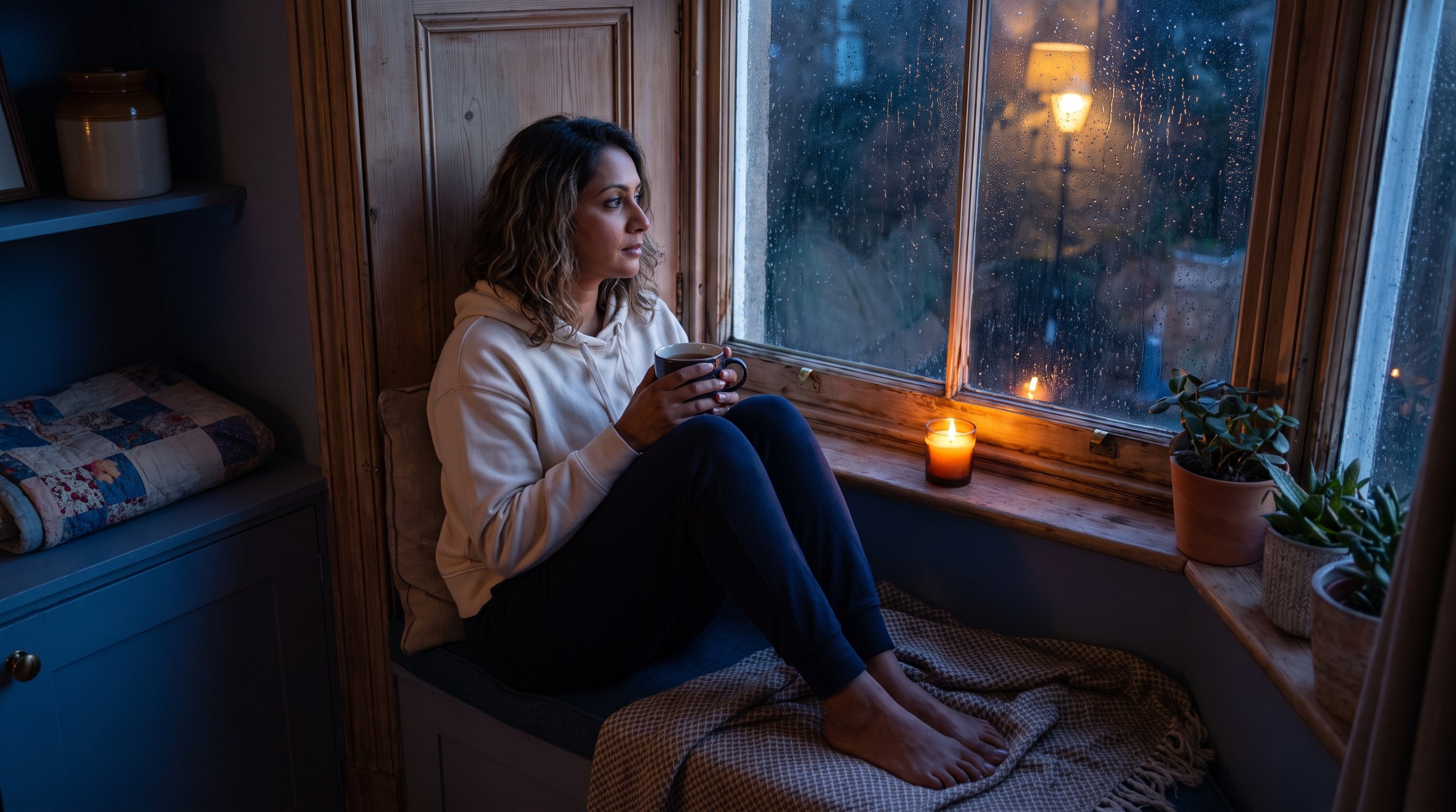 A reflective woman in her 30s sitting by a window at night with a cup of tea