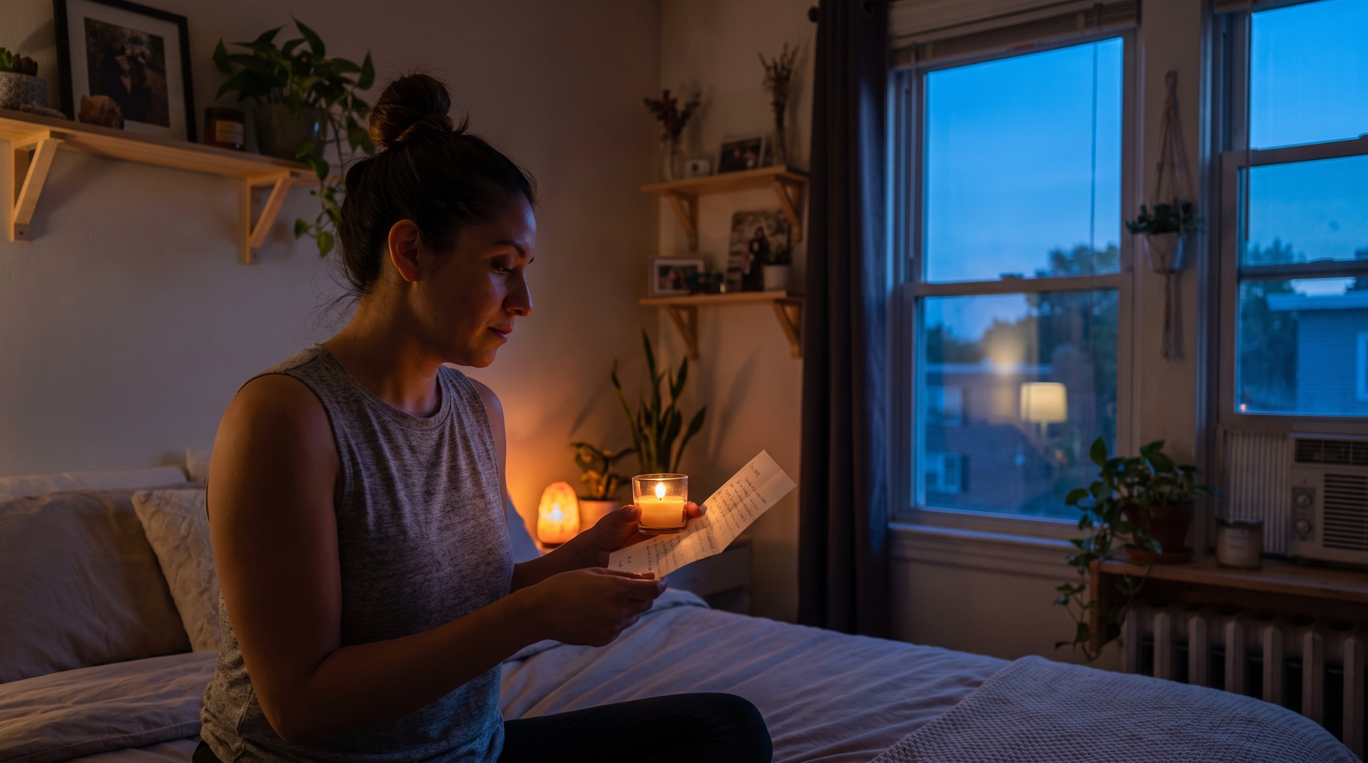 A reflective woman in her 30s reading by candlelight in the evening
