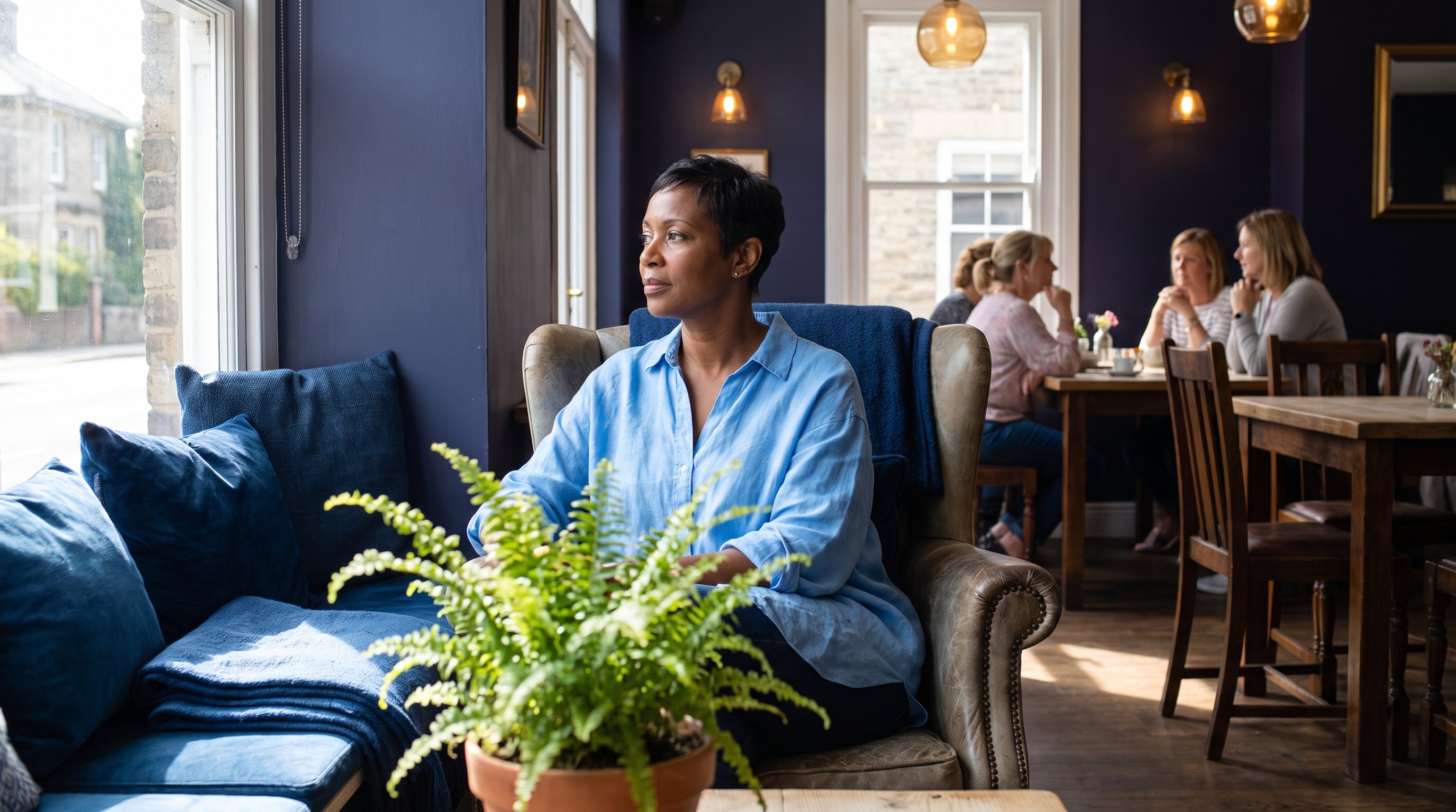 A reflective woman in her 30s relaxing in a cozy reading nook