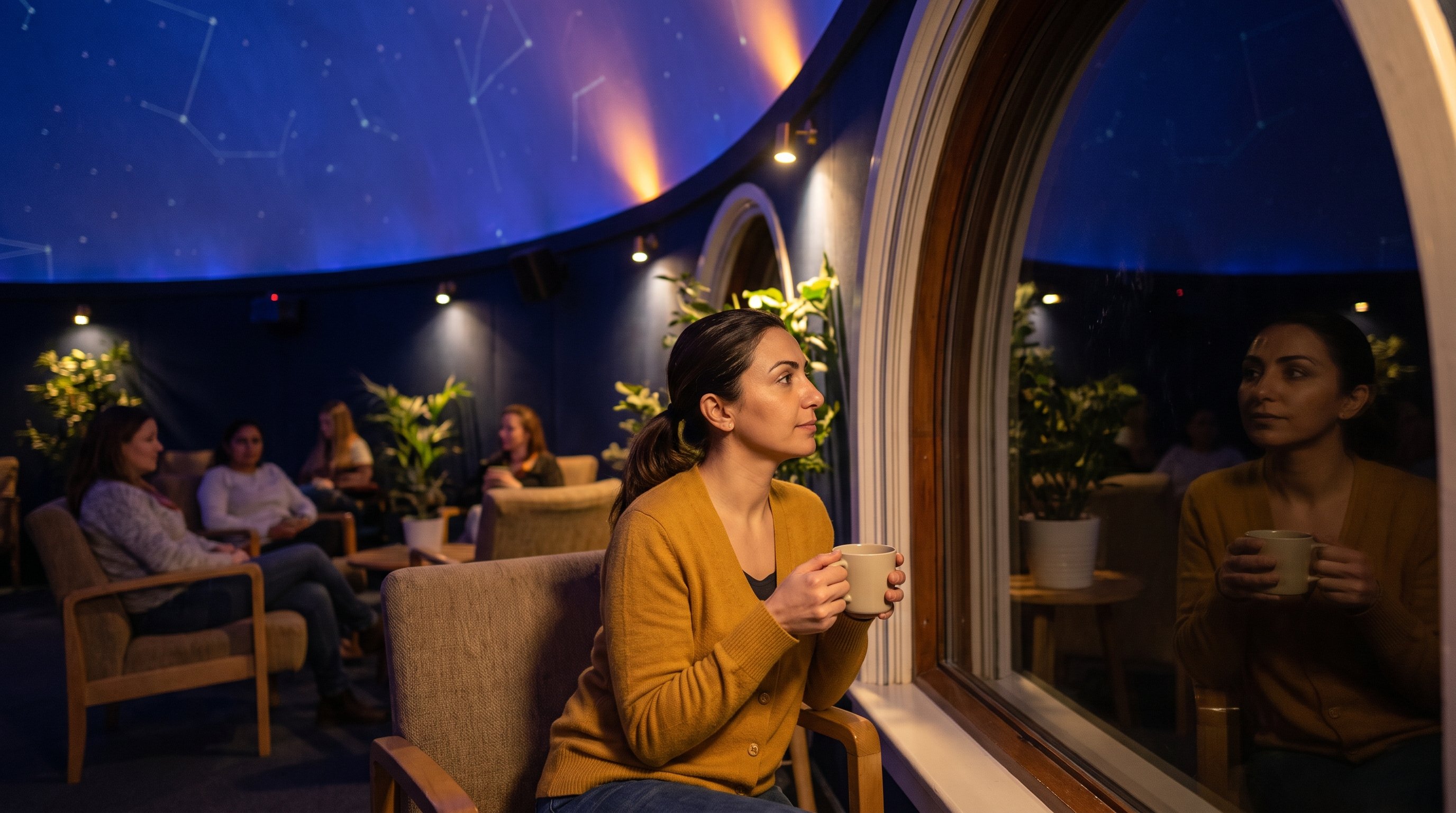 A reflective woman in her 30s sitting by a window at night with a cup of tea