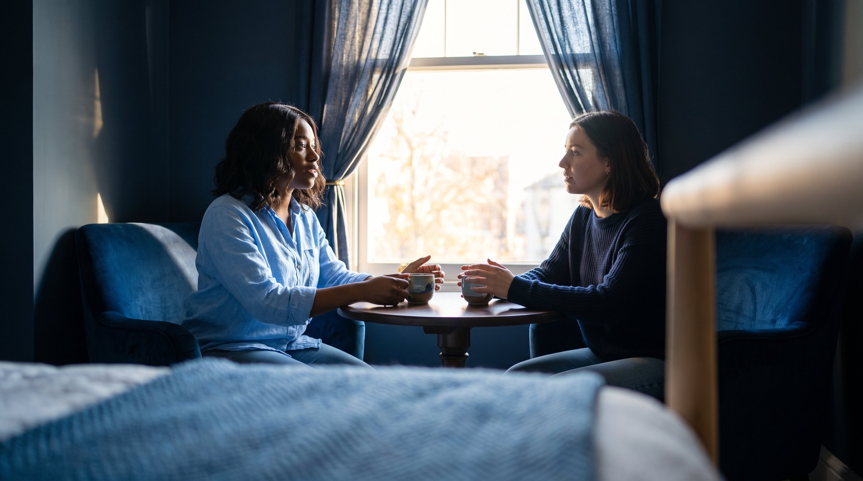 two friends talking over coffee at a kitchen table