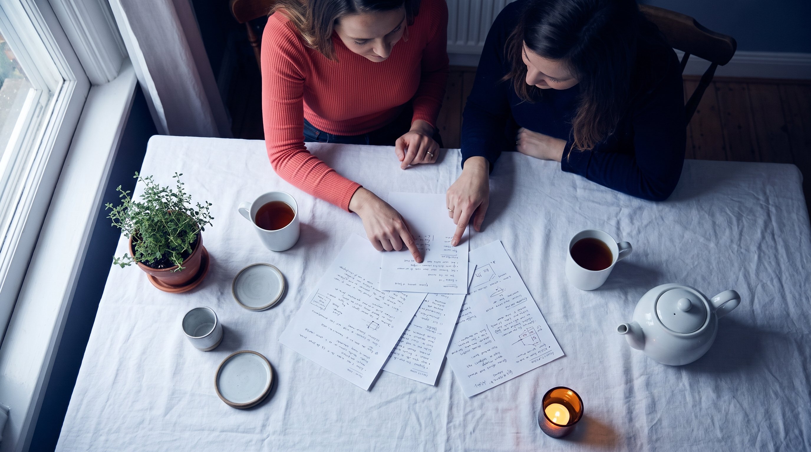 two friends comparing notes on paper at a kitchen table