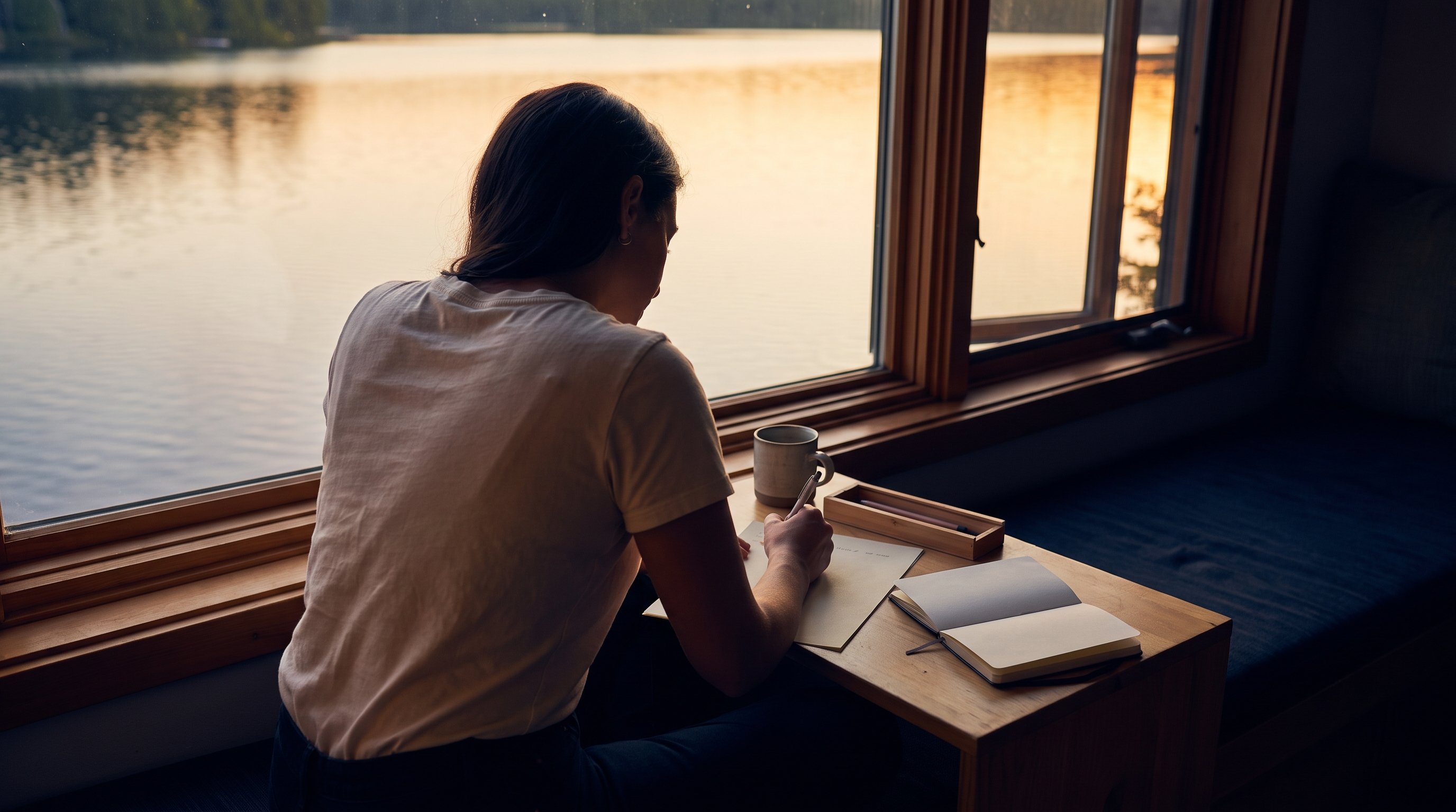 woman journaling by a window with a calendar open beside her
